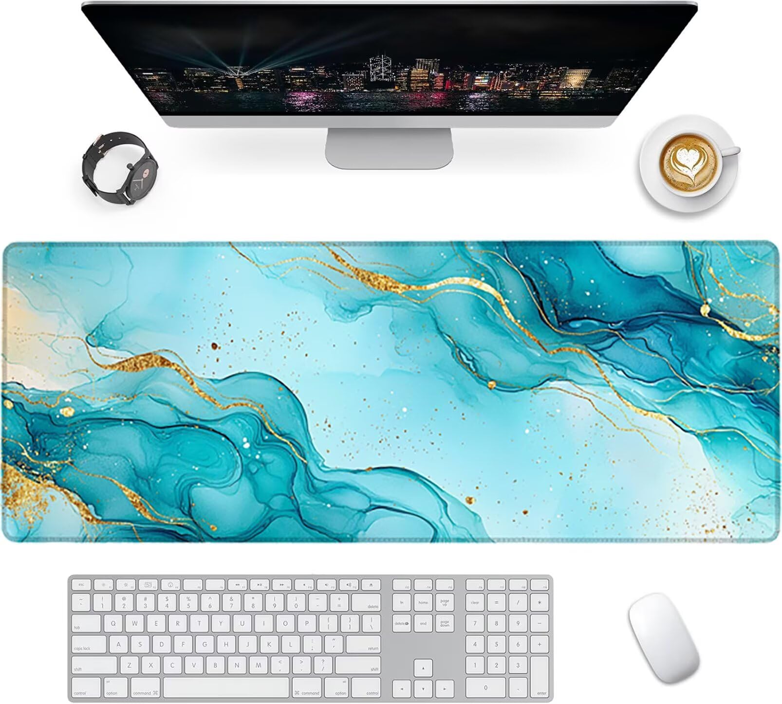 Lpfieonn Marmormuster Großes Schreibtischunterlage, XXL Schreibtischunterlagen, Blau XXL Wasserdicht Gaming Mousepad mit Vernähter Rand und Rutschfeste Gummibasis, für Hause/Büro 120x60cm PF-2341