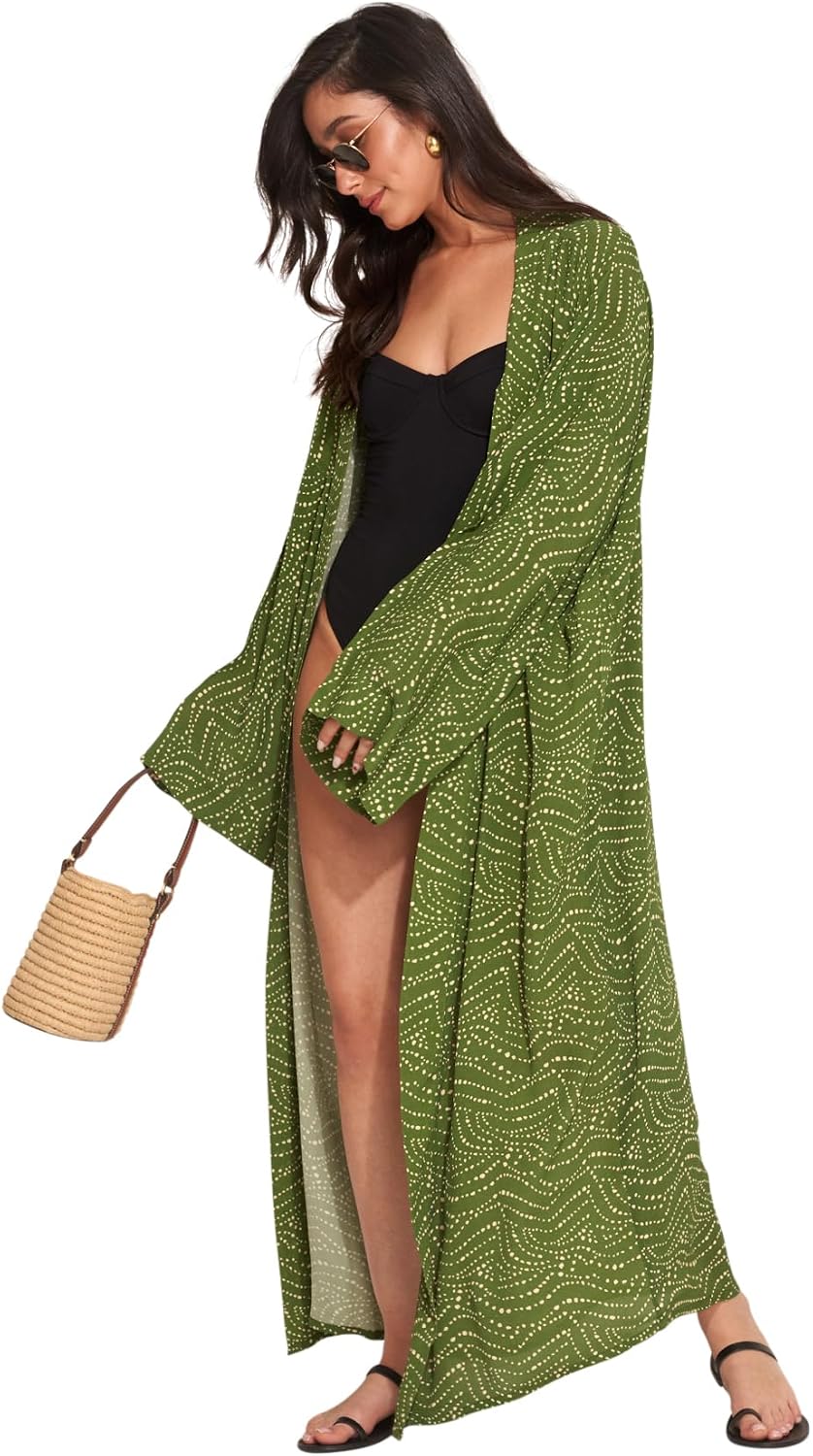 Gottex Beach Life Diamond Black Floral Border Print Kimono Swimsuit Cover Up for Women Perfect Poolside Accessory