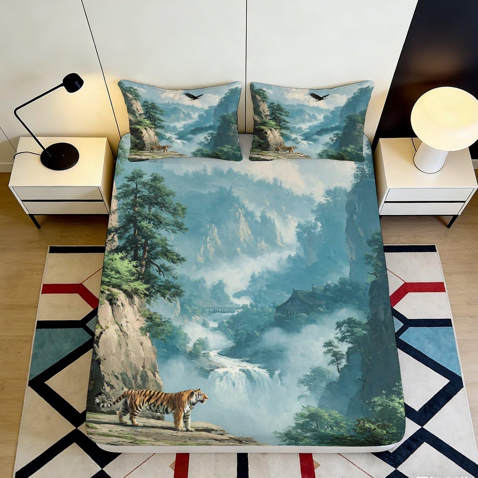 Jqzkxnhpbr Style-8 3D Printed Mountain Waterfall Fitted Sheet Microfiber Anti-Slip Forest Tiger Mattress Cover For Bedroom Guest Room Decor 90X200x25cm