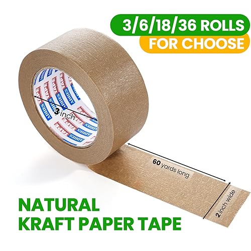 Miniatura 2 de Cinta de papel kraft ADHES, 2 pulgadas x 60 yardas x 6 rollos, Cinta de embalaje de papel biodegradable Cinta de envío marrón writable y sin