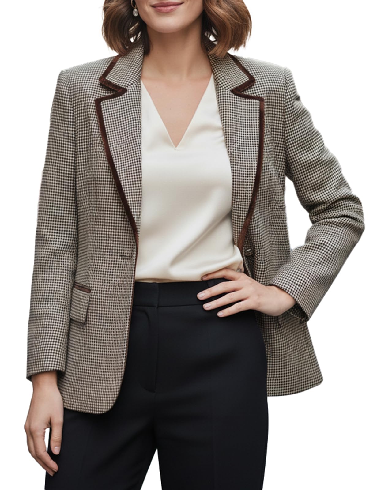 Vintage Houndstooth Tweed Blazer for Women with Velvet Trim Lapel Slim Fit Structured Jacket for Office Work