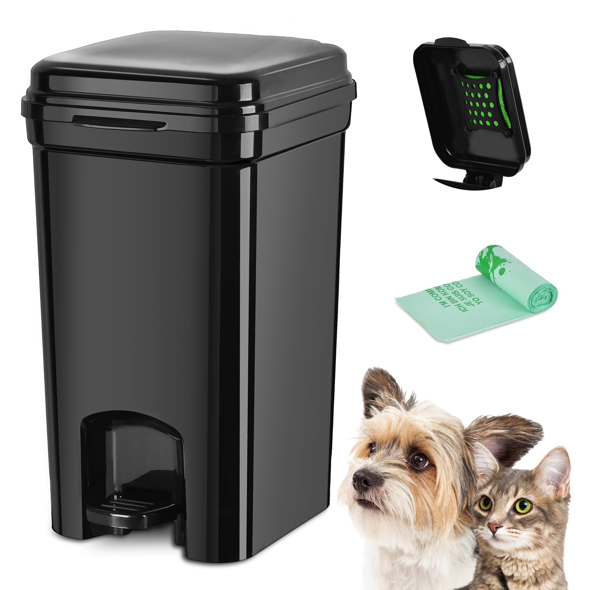 Poubelle à déjections canines et litière portable pour chat, matériau ABS entièrement noir, poubelle de 8 litres avec 20 sacs à déchets. ABS-BK