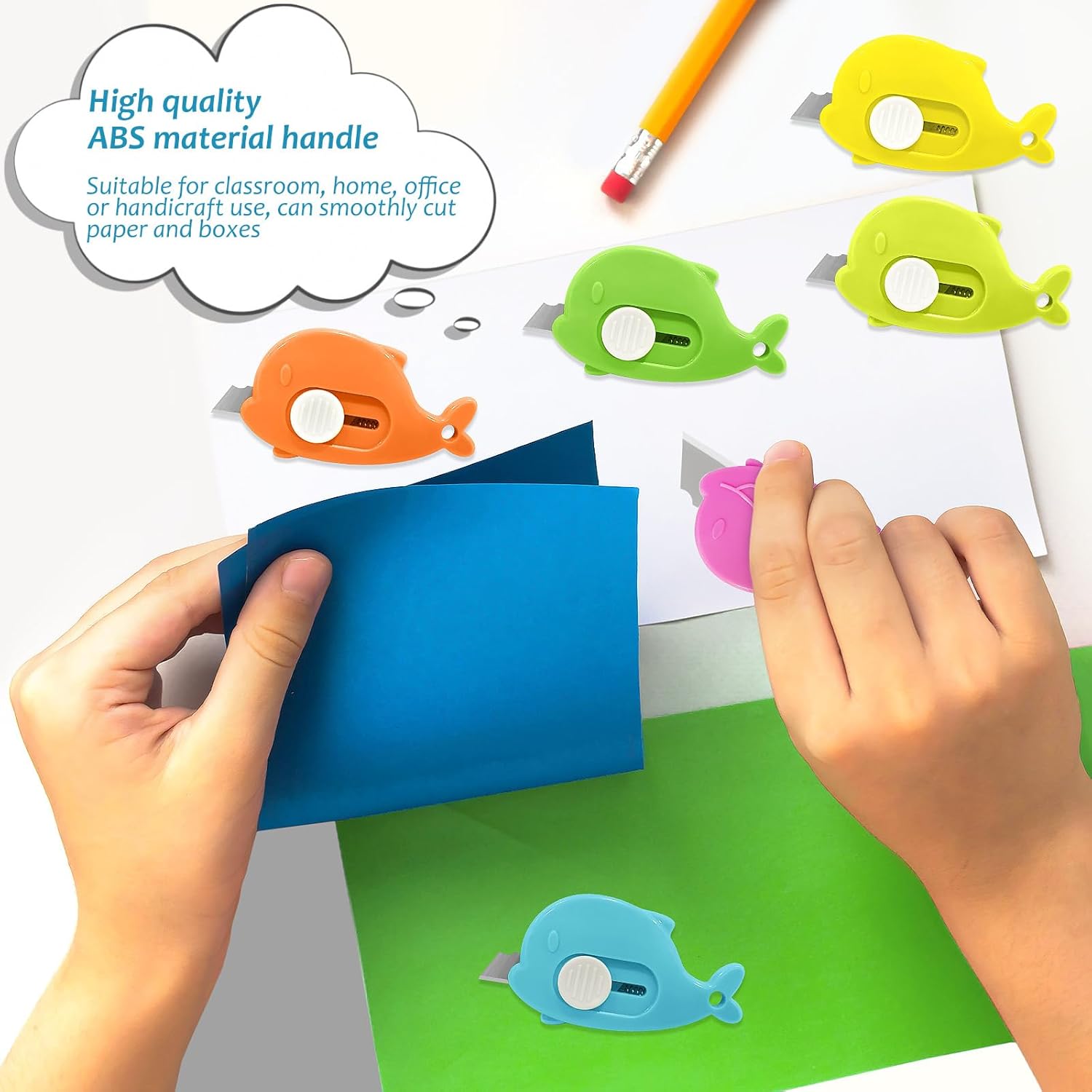 100PCS Whale Shaped Mini Utility Knives Retractable Box Cutters in 6 Colors (Orange, Green, Yellow, Blue, Mint, Pink) for Office, Crafts & Daily Use