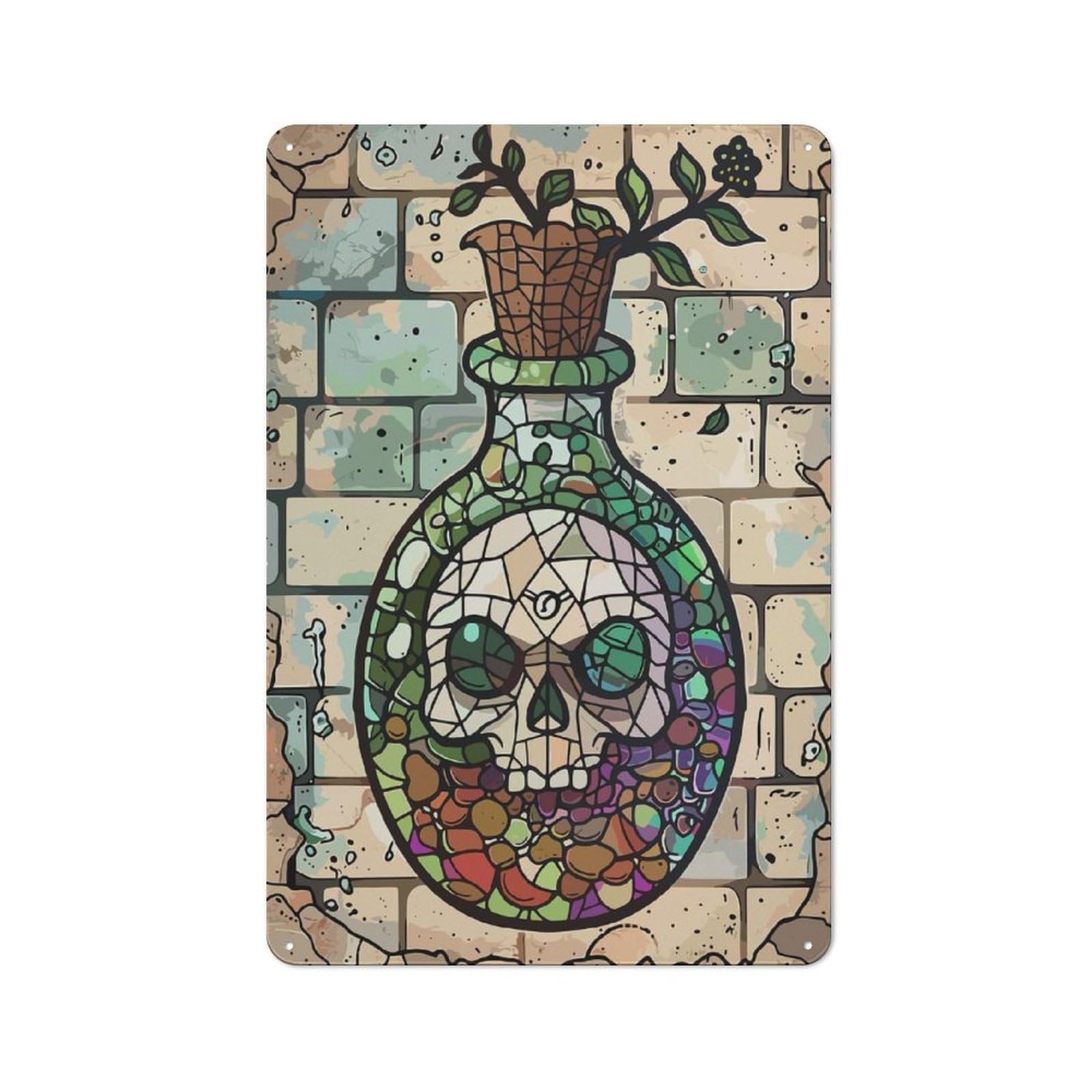 Junmoney Style-20 Stained Glass Skull Potion Bottle Urban Metal Wall Decor 30X20cm, Industrial Metal Sign For Flat, Bar, Studio Or Gallery Wall
