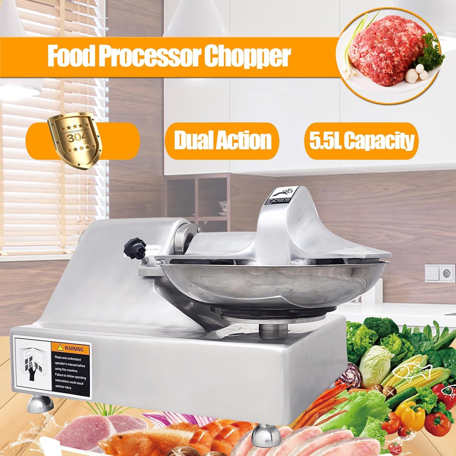 Procesador de alimentos comercial, picador eléctrico de acero inoxidable de 550 W para carne, verduras, jengibre, ajo