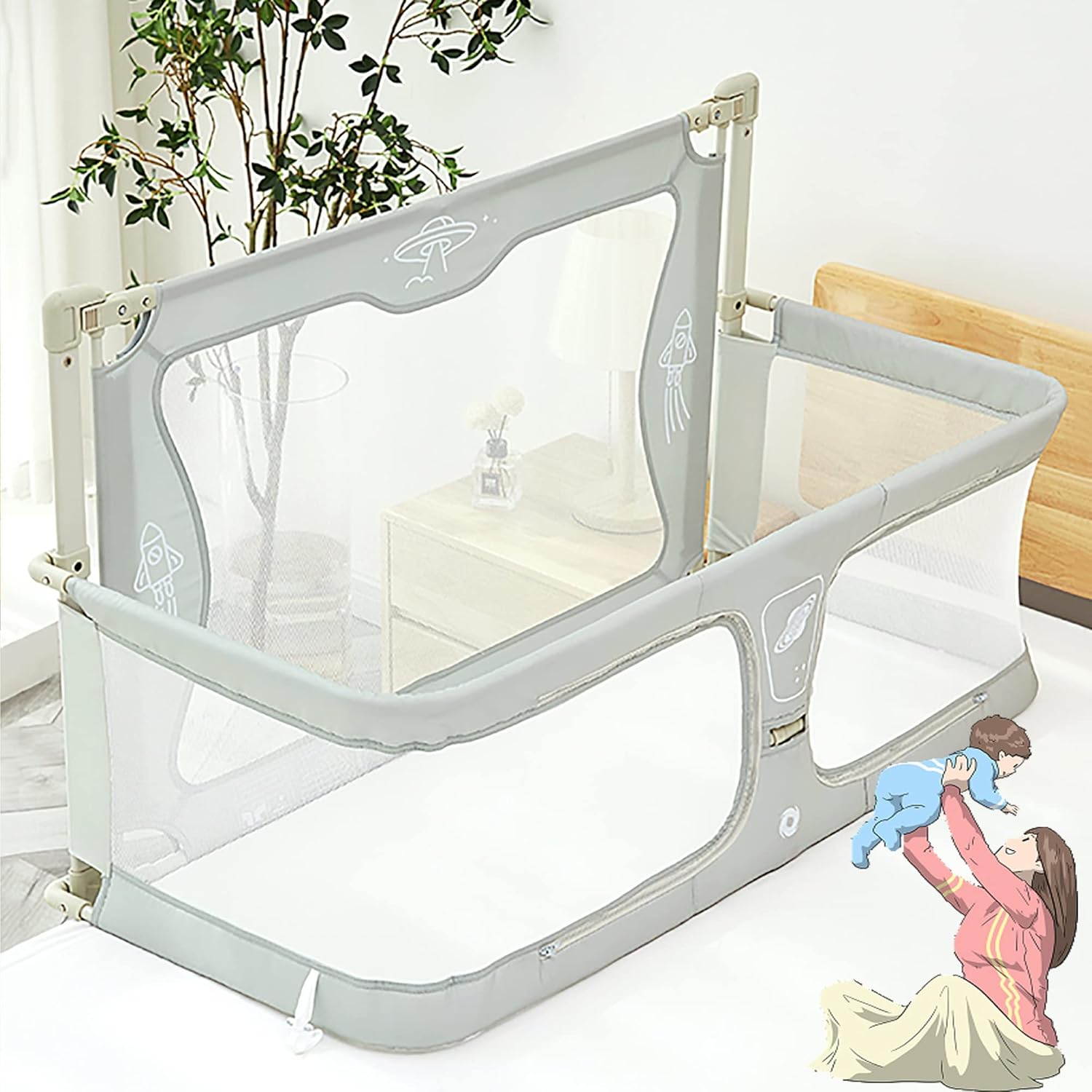 3 In 1 Baby Bassinet Bedside Sleeper, Folding Portable Crib,breathable And Visible Mesh Window,soft Washable Liner Cover And Sturdy Aluminum Alloy,baby bassinets bedside sleeper Attach To Bed ( Color