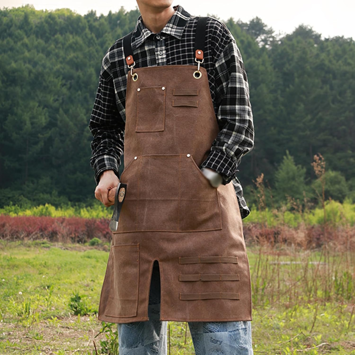 tool apron,Work Apron With Pockets, Split Leg Work Apron Heavy Duty with Pockets Canvas Cross Back Adjustable Apron For Carpenter Mechanic (Color : Brown)