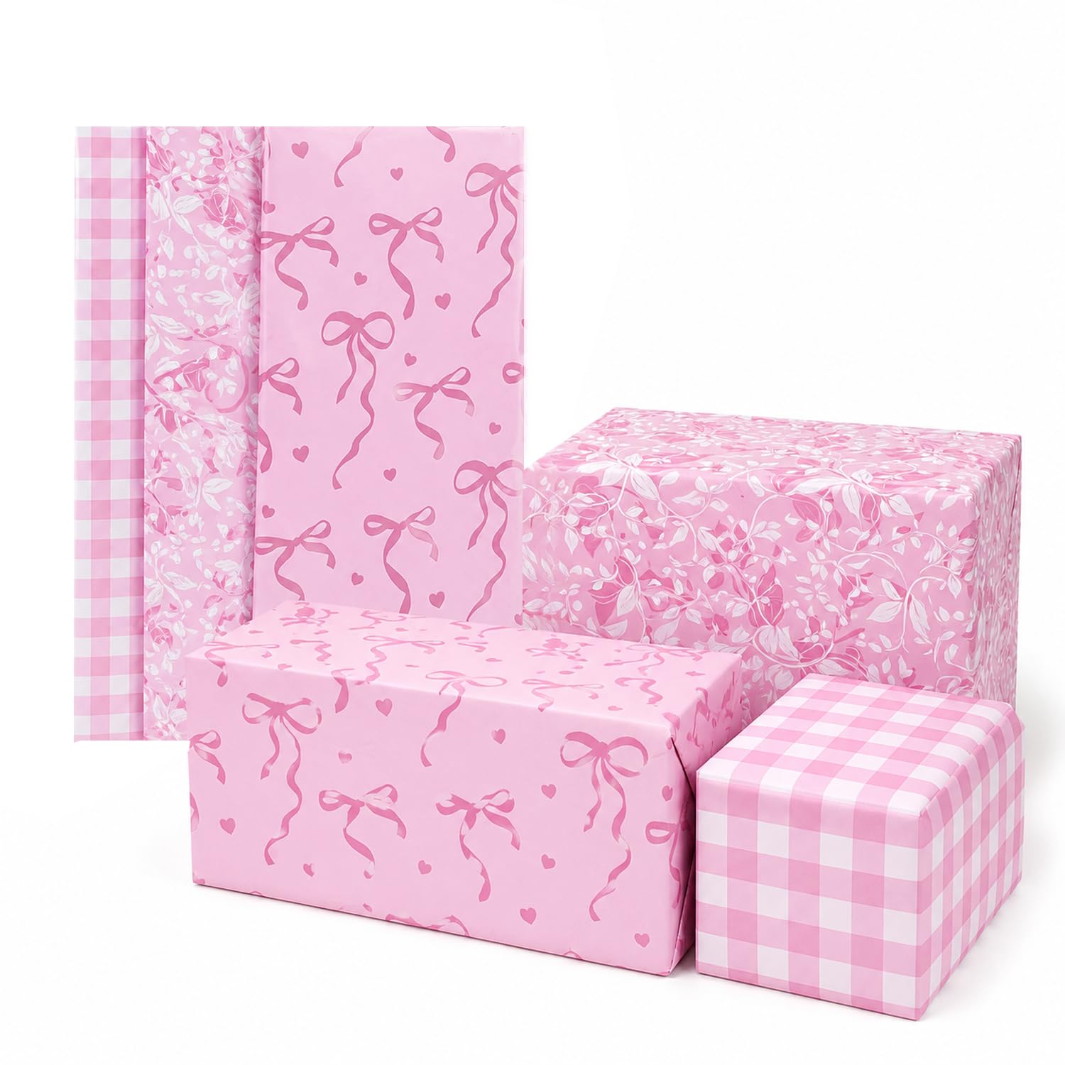 3Pcs Pink Wrapping Paper, Birthday Wrapping Paper with Floral Bow Pattern, Bow Wrapping Paper Thick Gift Wrap for Girls Birthday Wedding Baby Shower DIY Crafts