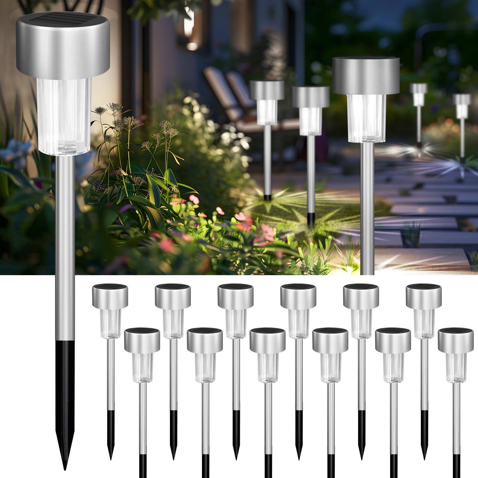 Jsdoin 12 x Solar-Gartenleuchten, Gartenstecker aus Edelstahl, LED-Solarleuchten, wasserdicht, automatische Ein-/Aus-Wegbeleuchtung für Gehweg, Terrasse, Outdoor, Rasen, Auffahrt