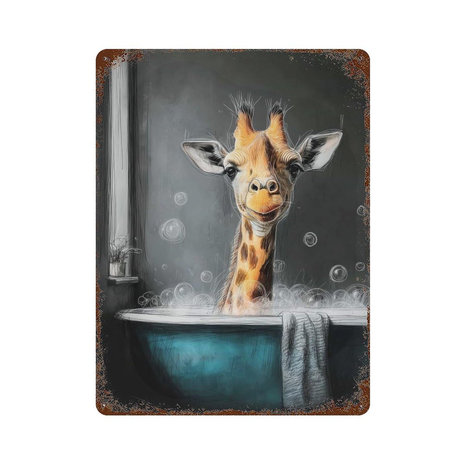 Garage Style Giraffe in Bathtub with Bubbles Distressed Metal Wall Sign 15.7"x11.8", Shabby Chic Decor for Bar And Workshop