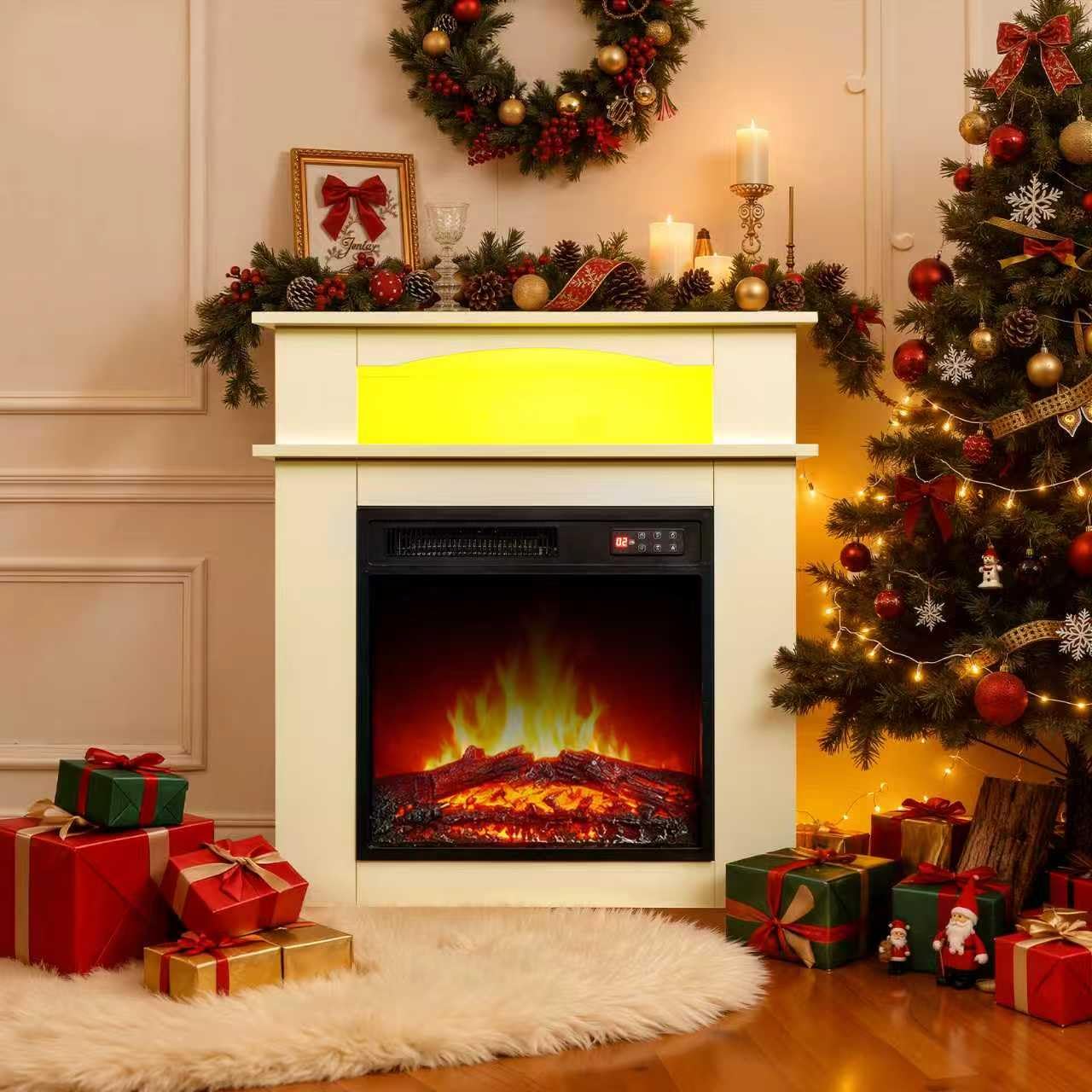 18" Chimenea Eléctrica con Calefacción, 900W/1800W Chimenea Decorativa, 7 Colores de Llama 3D, Tira de LED, Control Remoto, Protección Sobrecarga, Temporizador, Incluido Mueble Chimenea