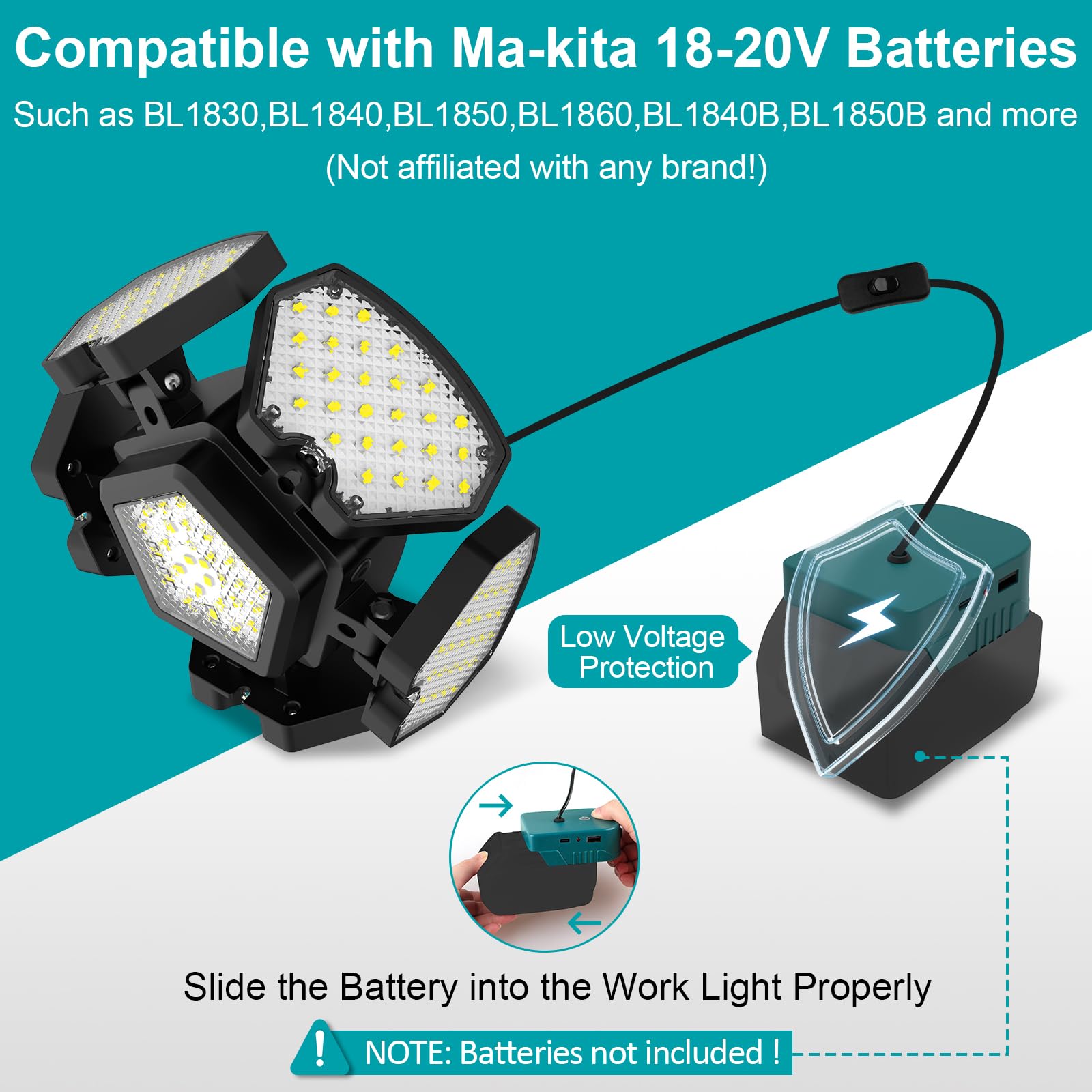 T-SUN 2000LM Lampe Suspendue LED Compatible avec Ma-kita 18V, Suspension LED 65W, 2 Modes d'éclairage, 6000K Lampe de Camping Portable avec USB et Type-C pour Jardin Chemins Garage(Sans Batterie)