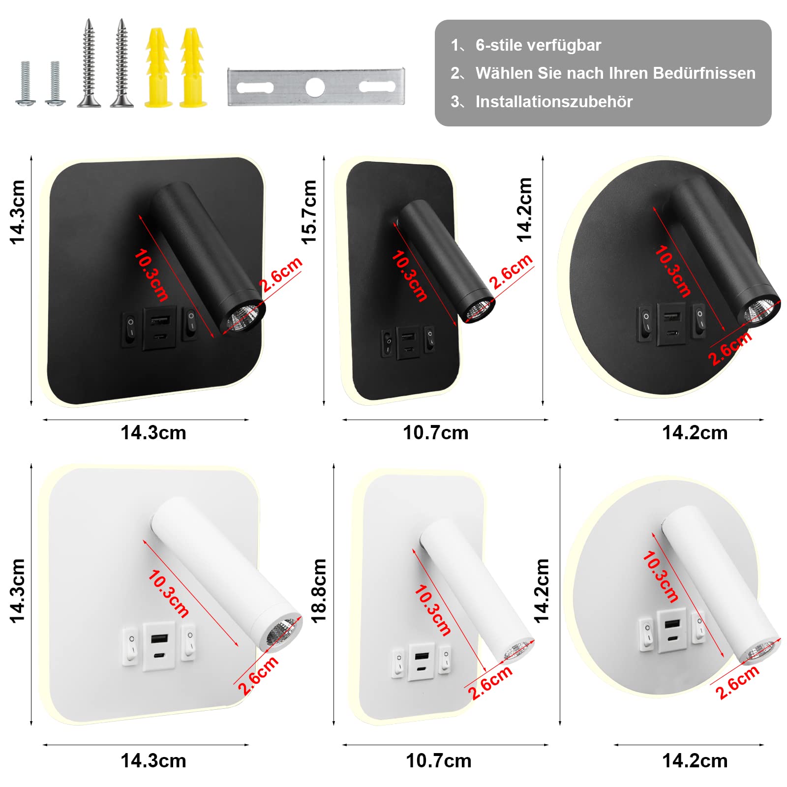 LED Reading Light USB tipo - C Double charge Electric Zut Switch se puede ajustar 12w LED Spotlight 3000k Wall Light Aluminium Bed Light se puede girar (Blanco cuadrado)