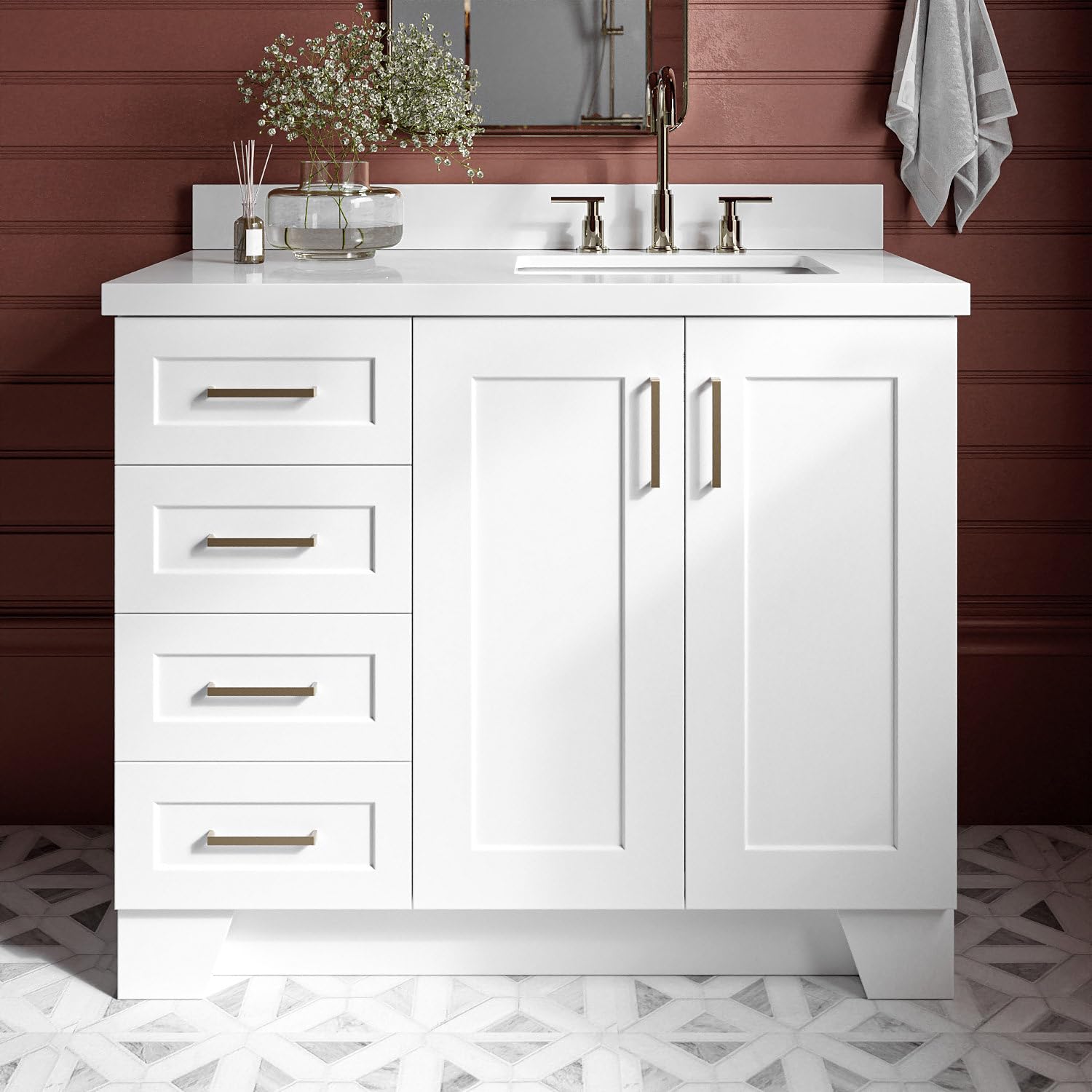 ARIEL Taylor 42-inch Bathroom Vanity with Sink,Solid Wood, 1.5-inch Pure White Quartz Countertop & Backsplash, Single Rectangular Porcelain Sink, 2