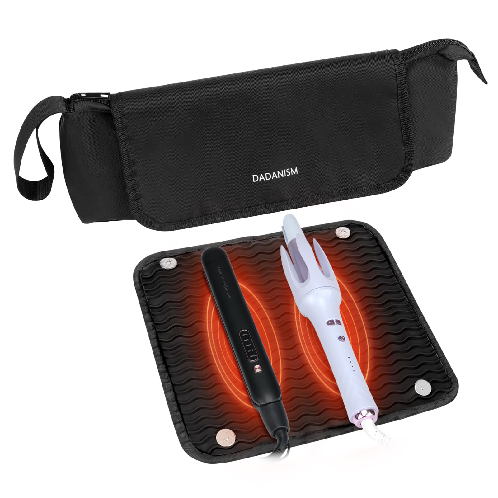 Dadanism Hairdressing Tool Kit, Hair Tools Travel Bag mit abnehmbarer hitzebeständiger Matte für Lockenstab Glätteisen, 2 in 1 Haircare Accessory Organizer, Womens Essentials Travel Organizer, Schwarz