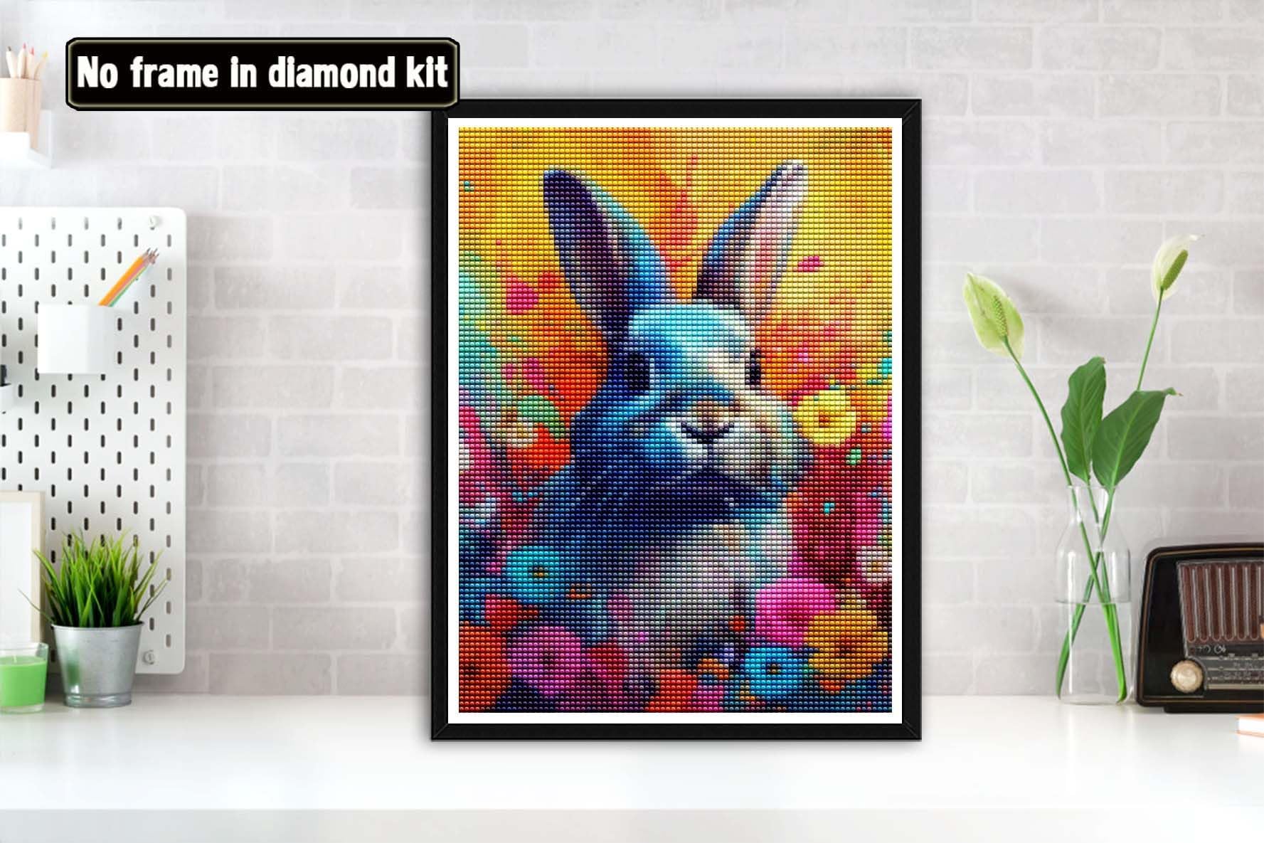 Kit Diamond Painting 5D Lapin Coloré Et Fleurs - Broderie Diamant Strass Ronds, Toile 30x40 Cm, Complet
