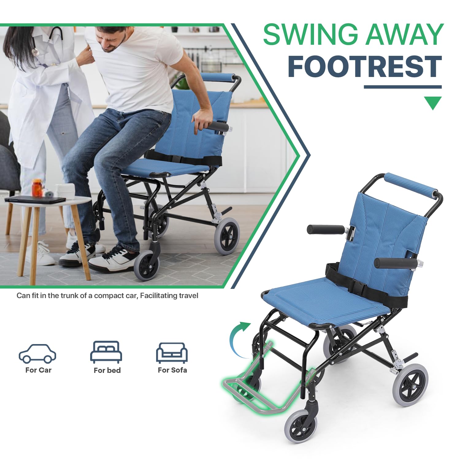 Magshion Silla de ruedas ligera de transporte con soporte de reposapiés de aluminio y reposabrazos abatible, resistente y plegable, silla de ruedas de asiento de 18 pulgadas de ancho para adultos,