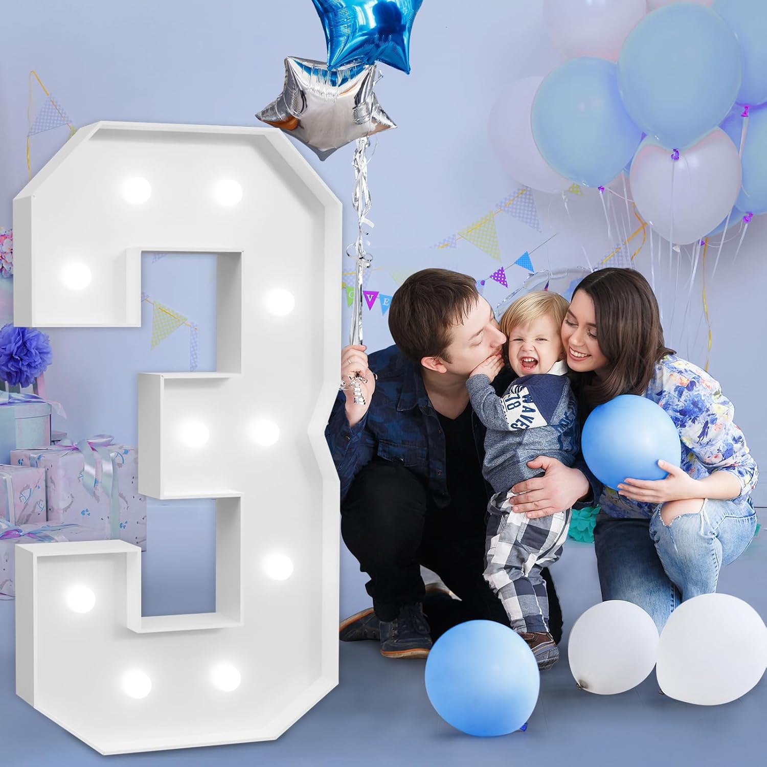 imprsv Marquee Numbers Large 3rd-Birthday Decorations: 4ft Light Up Number Party Decor 3 Year Old Girl and Boy Birthday Decoration Backdrop Anniversary Cardboard Big Mosaic Balloon Frame Number 3