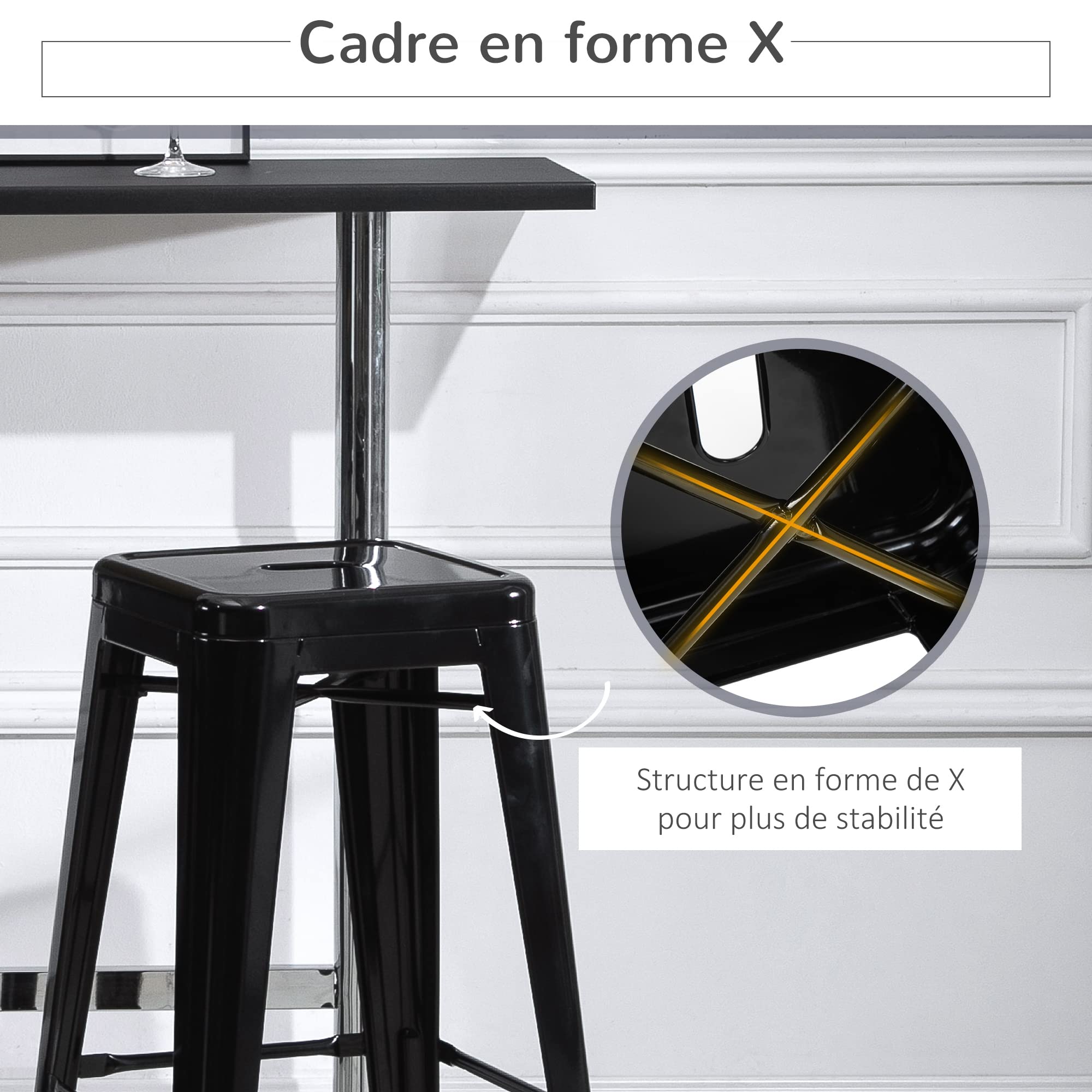 HOMCOM Lot de 4 tabourets de Bar Empilable Chaise de Bar Industriel avec Repose-Pied Hauteur d'Assise 76 cm, Cadre en métal, Style rétro, pour Salle à Manger, Balcon, bistrot ou Bar, Noir