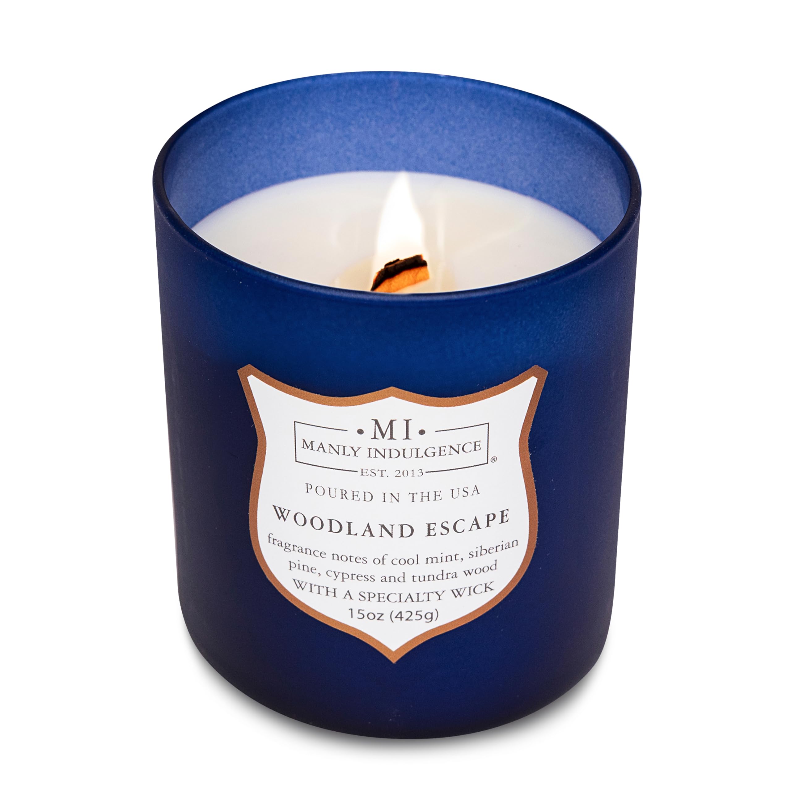 Manly Indulgence Woodland Escape – Bougie de printemps à mèche en bois de 425,2 g pour homme | Bougie parfumée au cyprès, musc et bois de cèdre | Cire mélangée de soja durable | Durée de combustion de