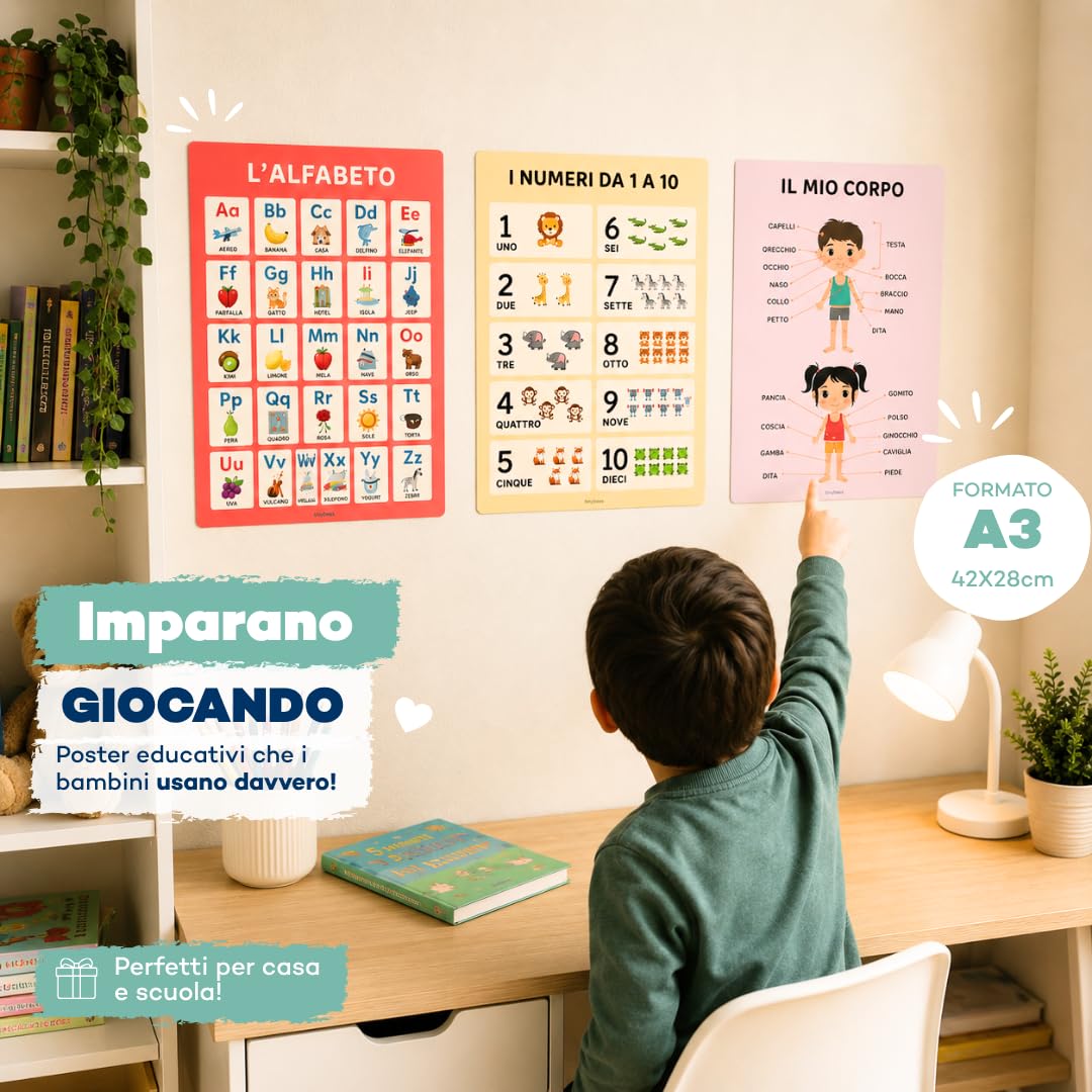 Poster Educativi per Bambini in Italiano - Set 12 Poster Didattici A3 Laminati 250 gsm - Alfabeto, Numeri, Colori, Montessori
