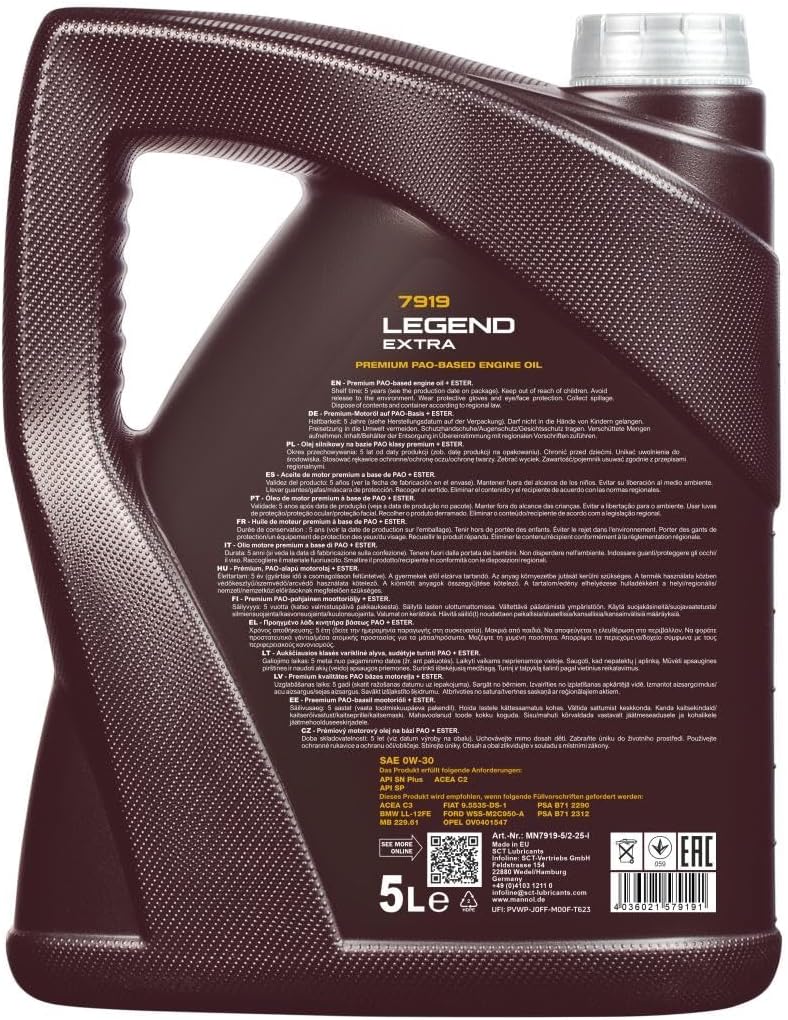 Legend Extra 0W-30 Motor Oil by MANNOL - 7919 - Universal Bi-Synthetic Engine Oil for Petrol and Diesel Engines, Car Oil 5L