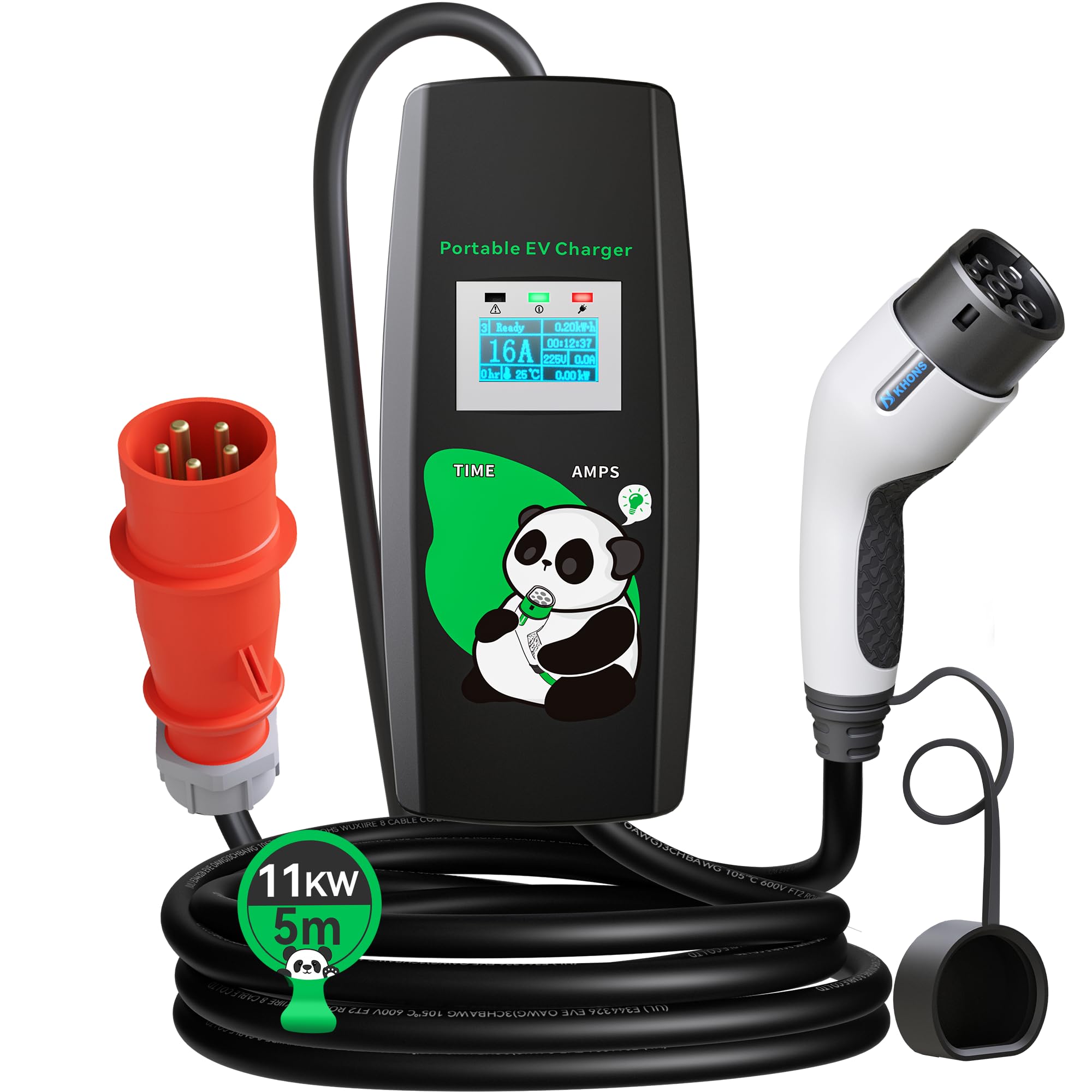 KHONS Cavo di Ricarica Tipo 2 con Spina CEE 5 Metri 6-16A trifase 11kW IP65 Stazione di Ricarica Mobile Wallbox per IEC 62196-2 con Borsa per Il Trasporto