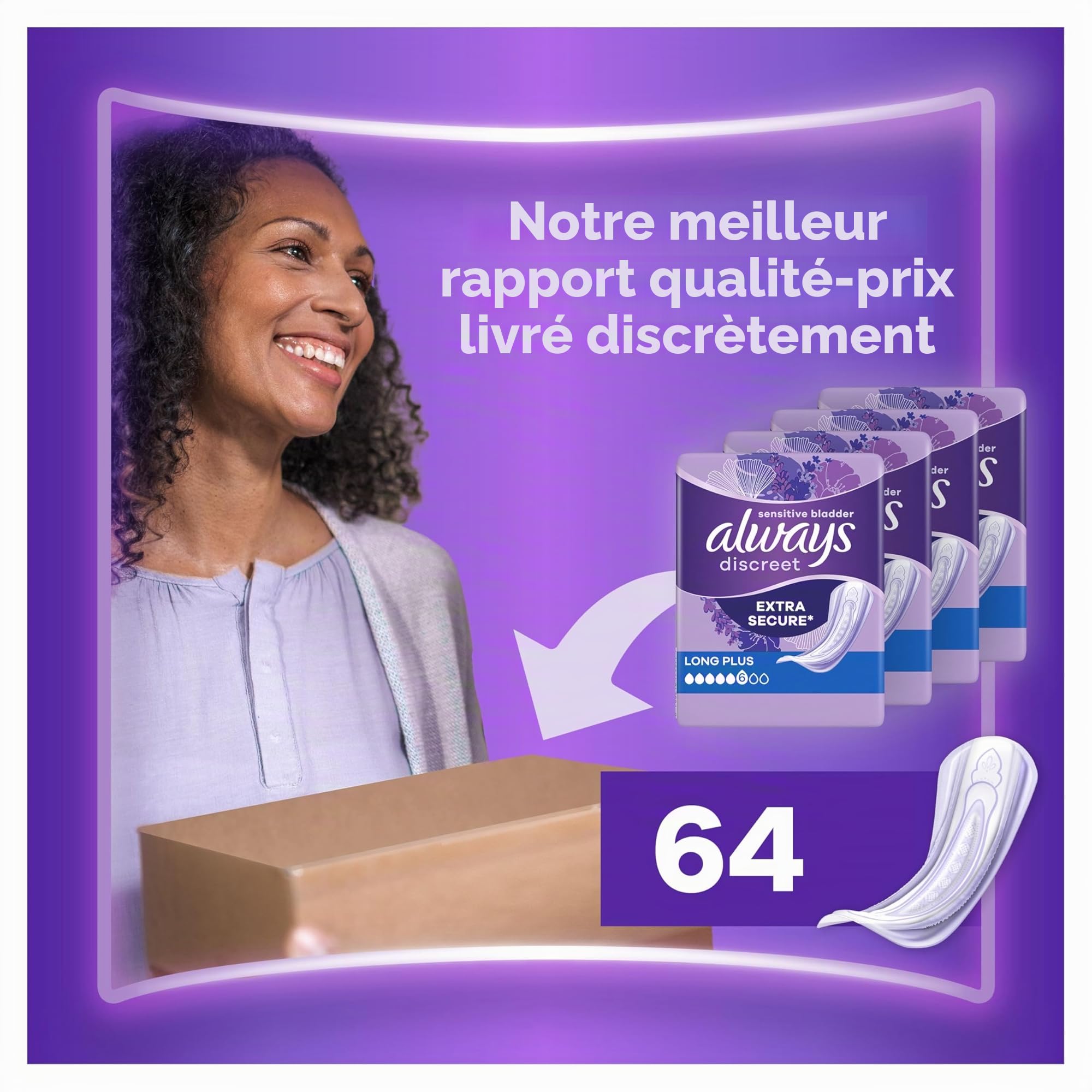 Always Discreet, 64 Serviettes Hygiéniques Incontinence Femme, Long plus 6 Gouttes, Protection Absorbante pour Fuites Urinaires Importantes, Pack 1 Mois