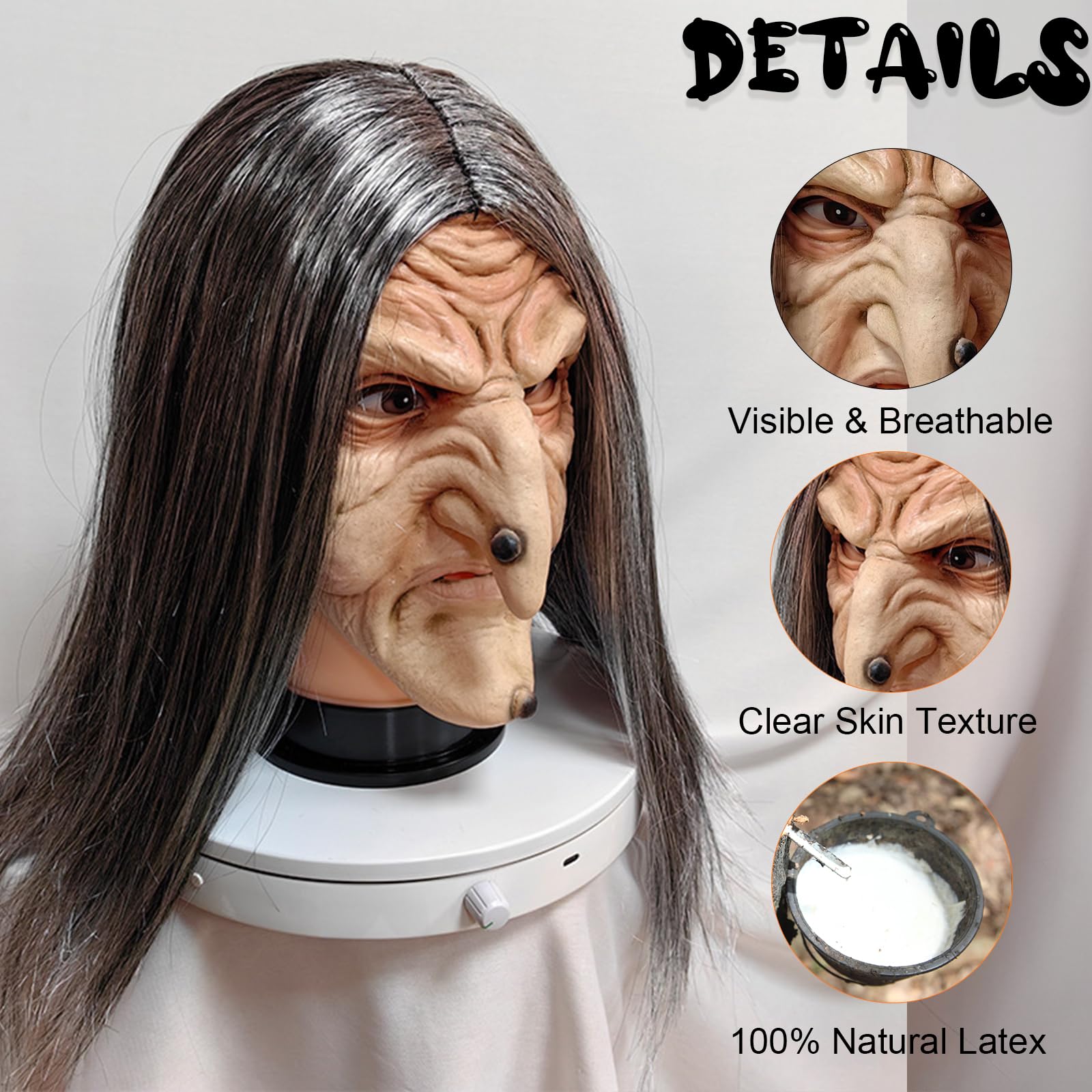 Aofonchy Old Witch Halloween Mask, Horror Latex With Hair, Scary Lady, Realistic Woman - Image 4