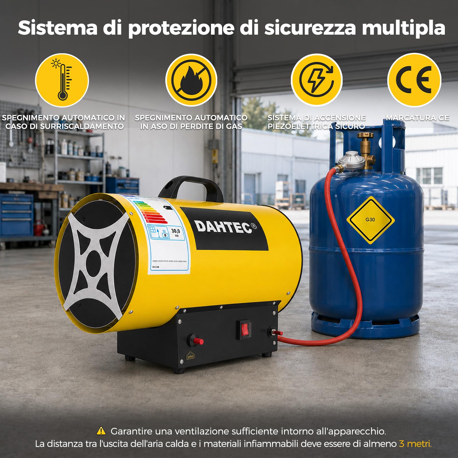 Riscaldatore Mobile a Gas 30 kW - Cannone Termico - Termoventilatore a Gas - Riscaldamento Radiante - Accensione Piezoelettrica - per Cantieri, Officina, Serra