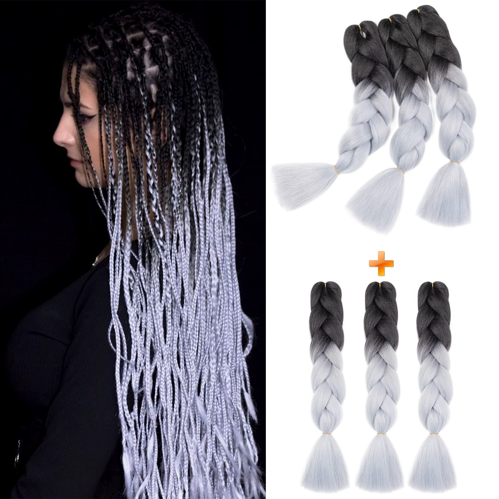 Gairyan Jumbo Braids Extensions Flechten Kunsthaar zum Einflechten Haar 6 Stücke 600g Braiding Hair Haarverlängerungen 60cm Ombre Synthetik Zöpfe Afro Hair für Box Crochet Braids, Schwarz & Silbergrau