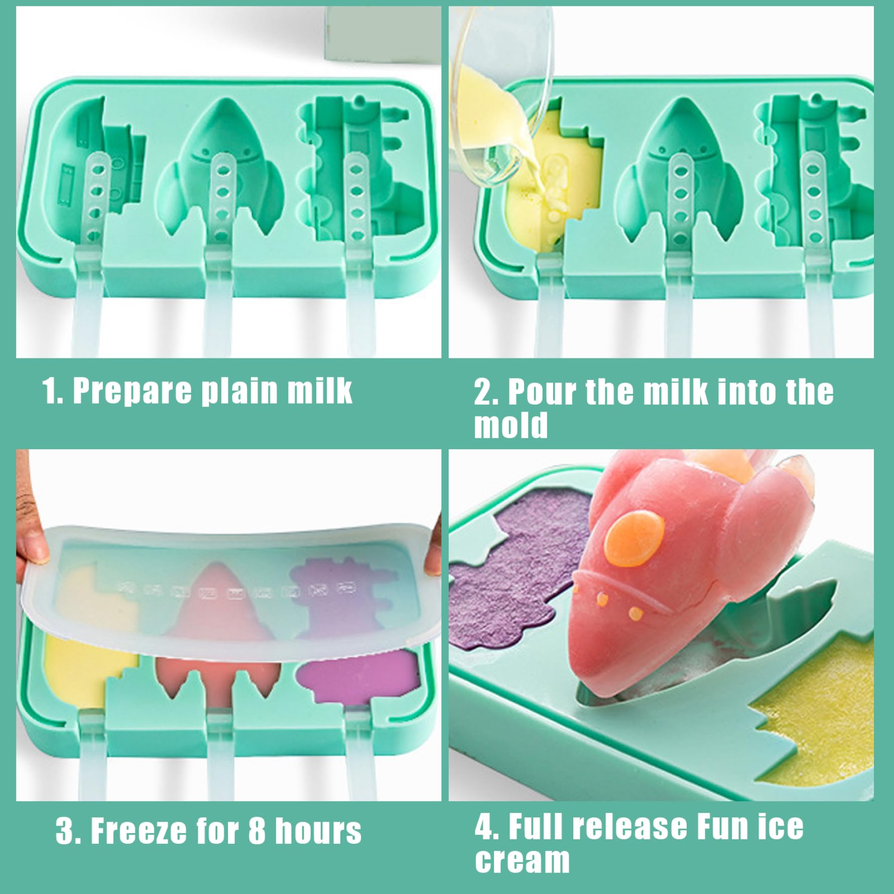 4 moldes de silicona para paletas de bebé, 3 cavidades, sin BPA, molde para helado, lindo dinosaurio, frutas, forma de coche, molde para hielo con tapa y 24 palos