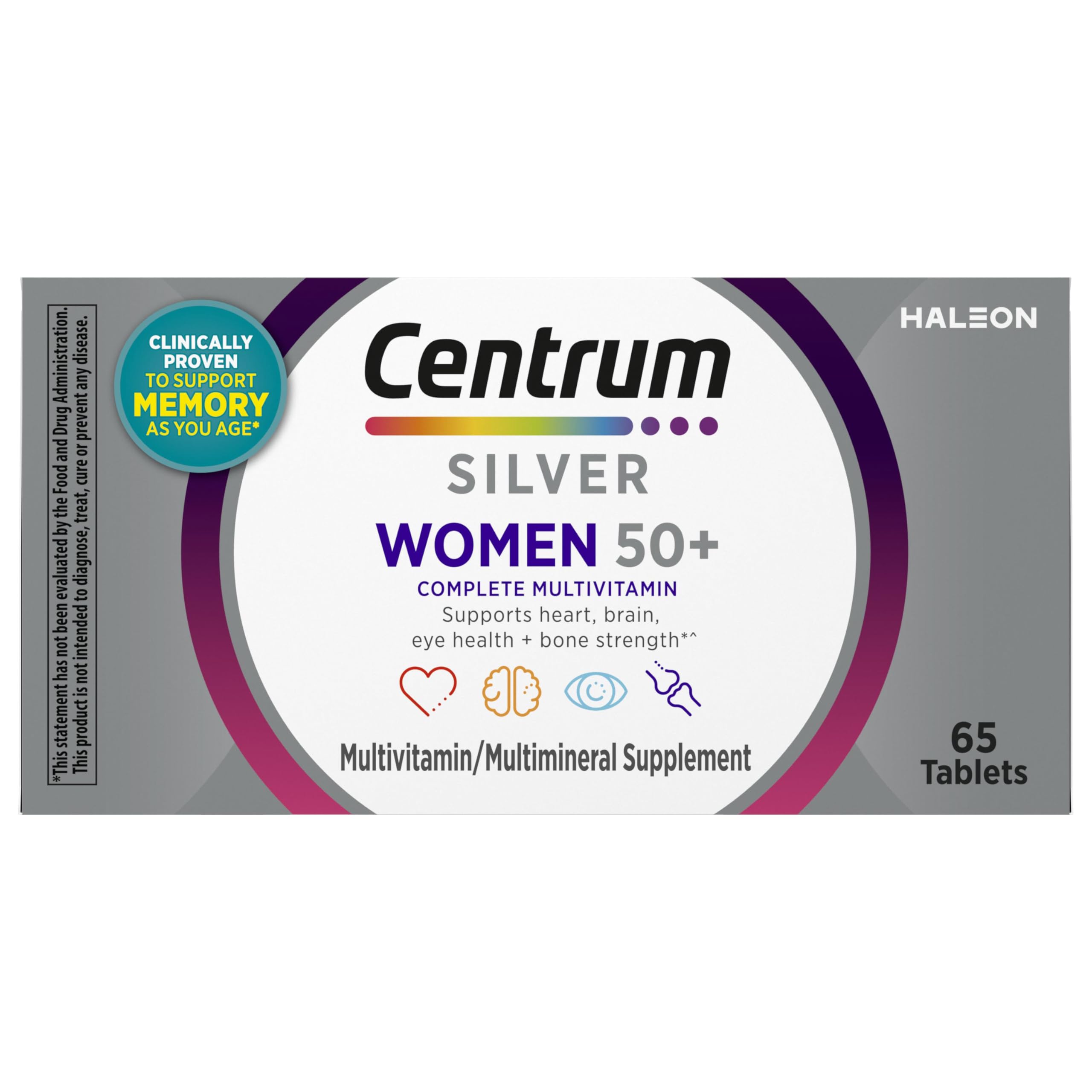 Centrum Silver Women's Multivitamin for Women 50 Plus, Multivitamin/Multimineral Supplement with Vitamin D3, B Vitamins, Non-GMO Ingredients, Supports memory and cognition in older adults - 65 Ct