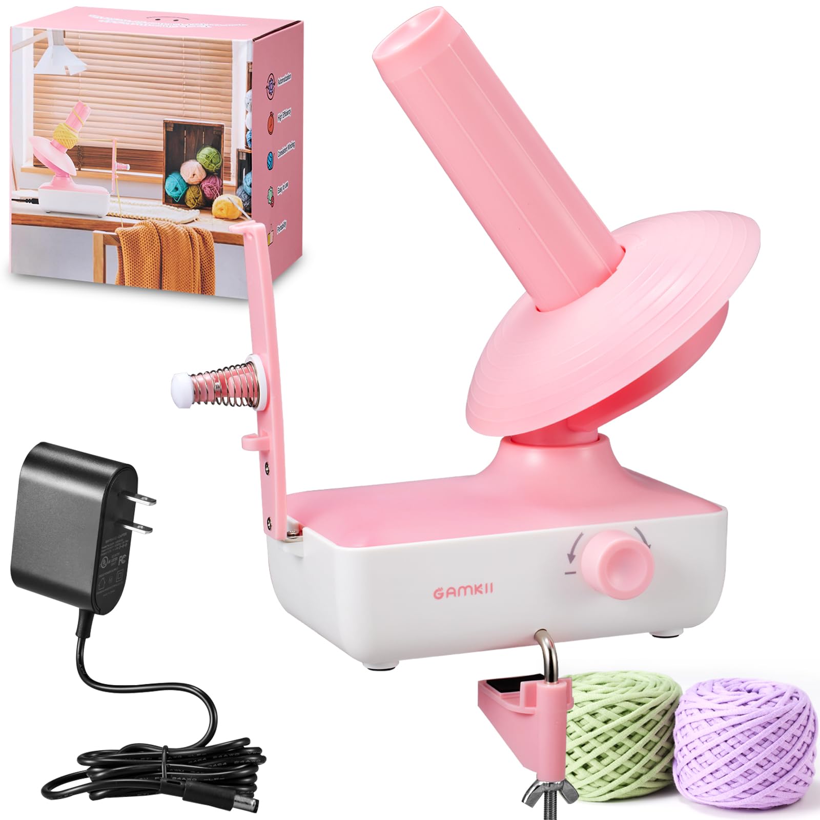 Yarn Winder, Electric Yarn Ball Winder Stepless Speed, 10oz Capacity Automatic Winder for Crocheting Knitting, Adjustable Strong Spring Tension Yarn Cake Spinner Roller Swift (White+Pink)