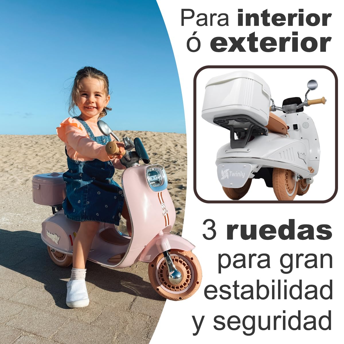 Twinly - Moto Eléctrica para niños SCOOTLY - Motocicleta Infantil con Mando a Distancia- Cargador y batería 6V hasta 40min – Acelerador de Pedal - Maletero, USB, luz y MP3 Bluetooth (Rosa)