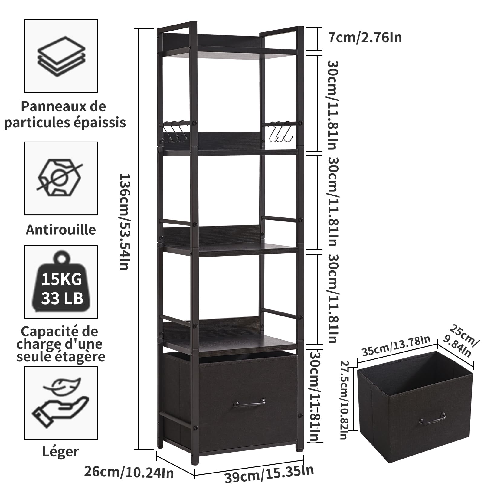 Aibiju Bibliothèque à 5 Niveaux avec Tiroir en Tissu, Étagère Échelle Industrielle, Bibliothèque Haute et Étroite avec Étagères pour Chambre à Coucher, Salon, Noir YD-BC001B