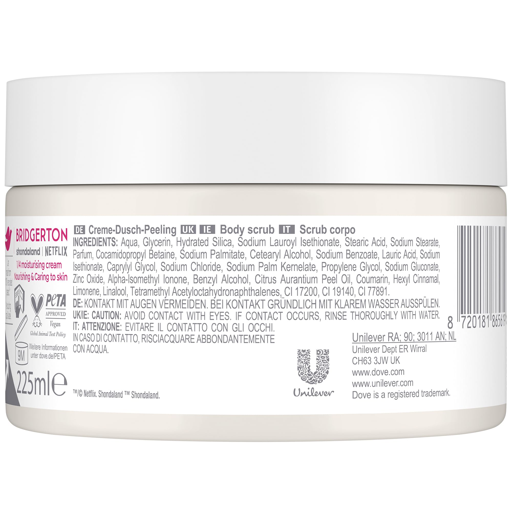 Dove Scrub Corpo Bridgerton Raspberry Rendezvous, Limited Edition, con Detergenti a Base Vegetale e ¼ di Crema Idratante, Note di Lampone e Vaniglia, Senza Solfati, 4 Confezioni da 225 ml