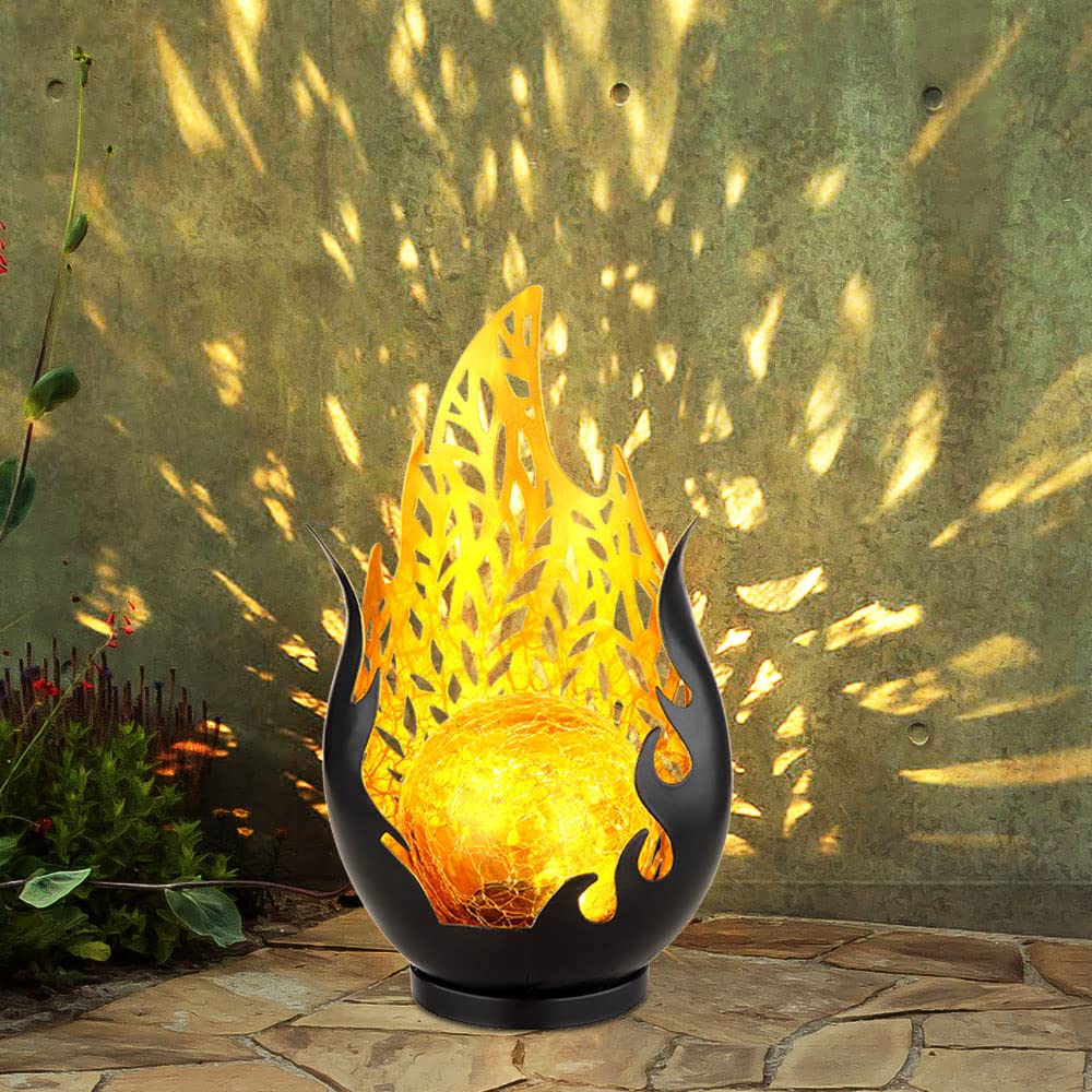 Gartendeko Solarlampen für Außen Outdoor Balkon Deko schwarz gold Flammenoptik Glaskugel, IP44 Akku Metall, 1x LED, LxBxH 16,5x12,5x26,5 cm, 2er Set
