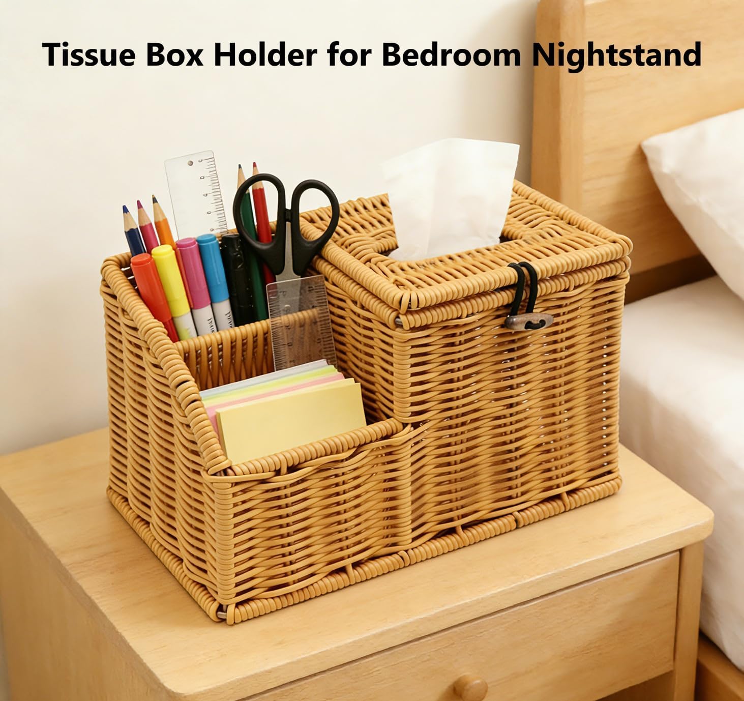Square Tissue Box Cover with Storage, Multifunction Cube Tissue Box Holder, Farmhouse Wicker Remote Control Nightstand Organizer Caddy for Bathroom, Home, Office Decor, Kitchen Countertop