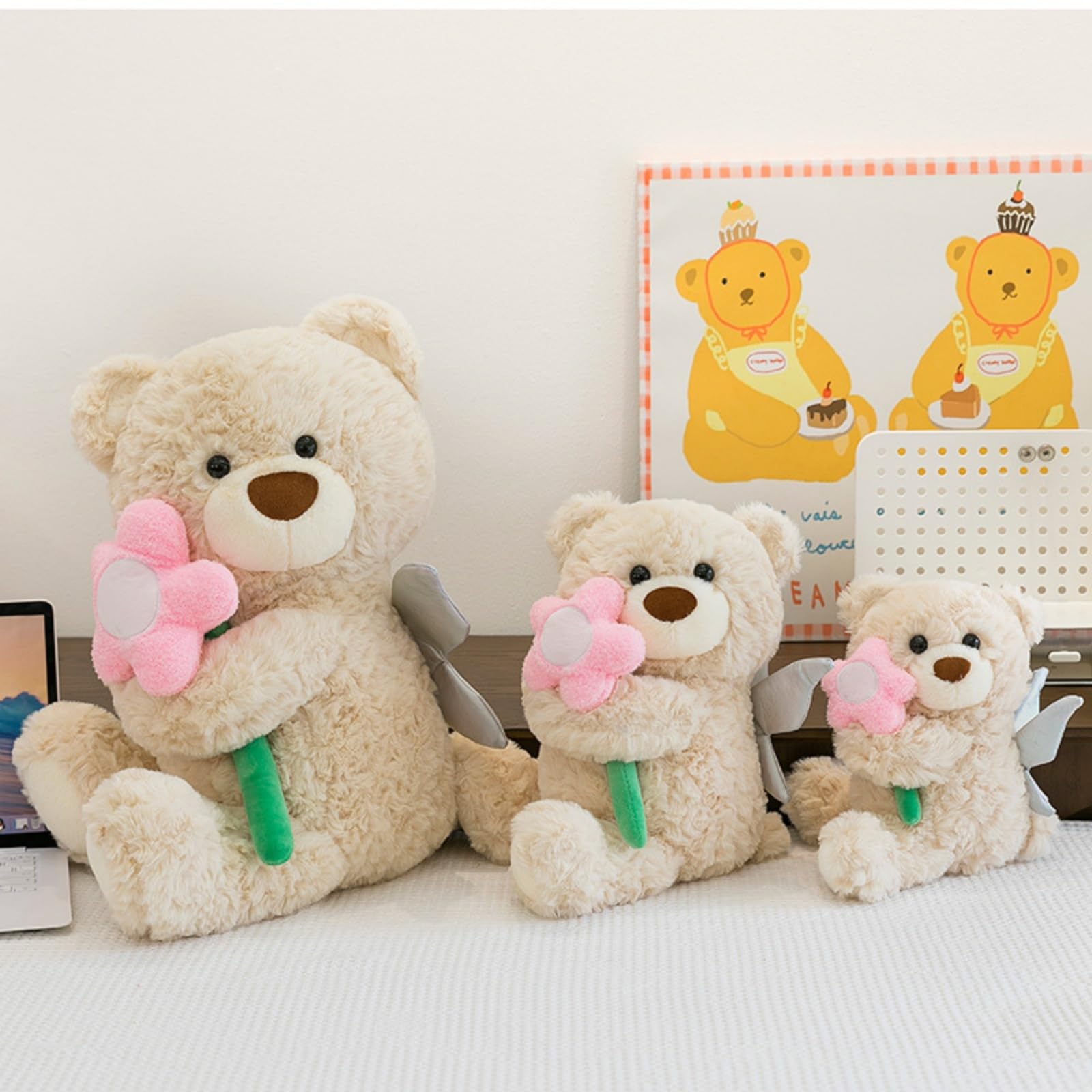Niedliches Teddybär Plüschtier mit Blume und Flügeln, Kuscheltier Bär, WeichesTeddybären Stofftier Geschenk für Kinder & Erwachsene (60cm,mi)