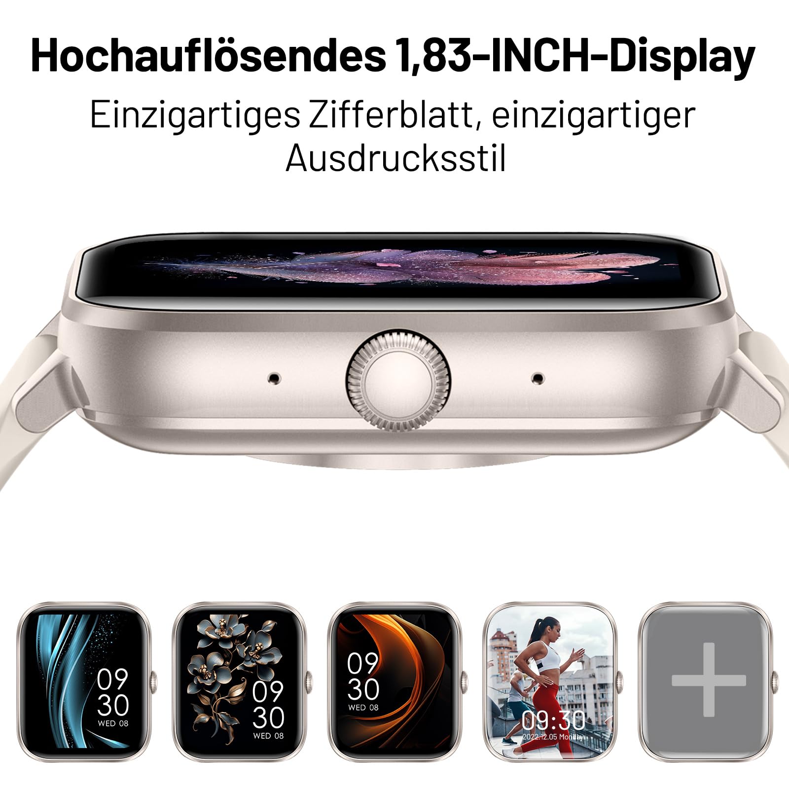 Smartwatch Herren Damen, 1.85" HD Intelligente Uhr mit Bluetooth-Anruf, 130+ Sportmodi mit Herzfrequenz/Schlafmonitor/Schrittzähler, IP68 Fitness Tracker für Android iOS Starlight