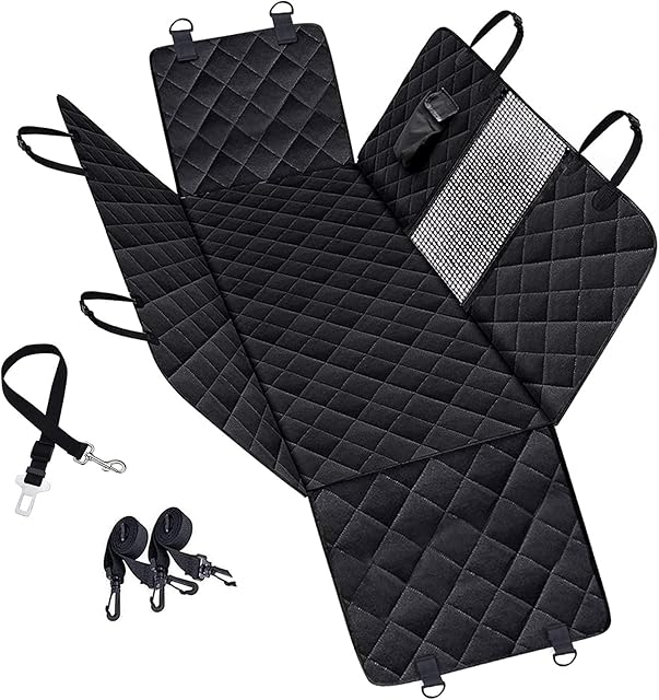 KOGOSTAR Dog Rear Seat Cushion Convertible Dog Hammock with Mesh Windows. Pet Car Seat Cover with Seat Belt, Durable Anti-scratch Anti-skid pad, Washable for Cars, Trucks, SUVs (With Side Flaps)