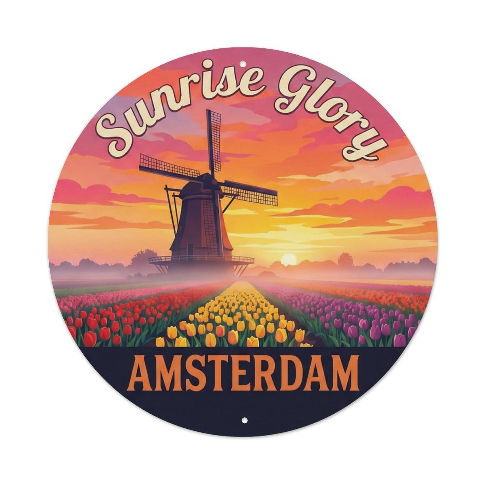 Windmill Amsterdam Tourism Sunrise Heritage Scenic Landmark Metal Tin Sign Plaque Wall Decor for Cafe, Man Cave, Club Bar, Office, Home Garden Round Metal Poster 8x8Inch