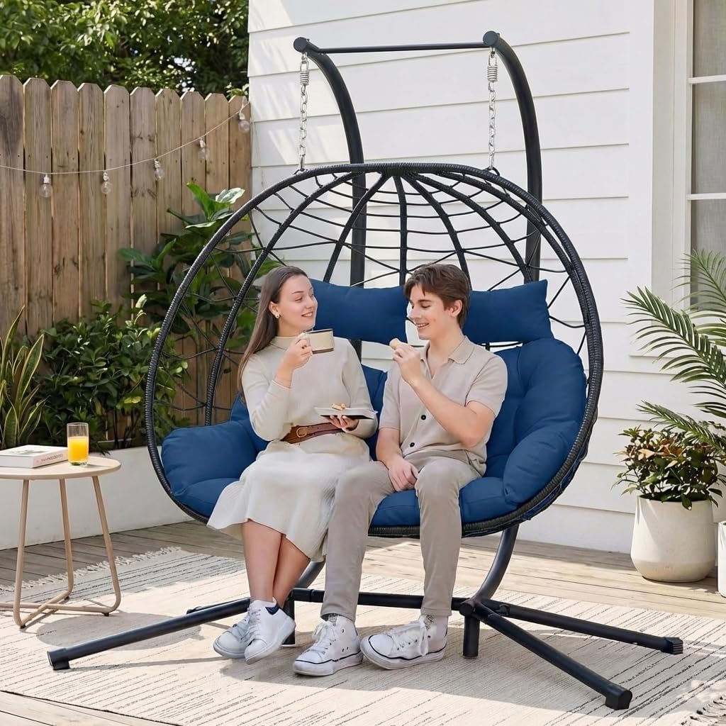 Easyego Double Egg Chair with Stand Hammock Swing Chair 2 Person Outdoor Indoor Hanging Loveseat with UV Resistant Removable Cushion for Patio Living Room-660LBS Capacity, Dark Blue