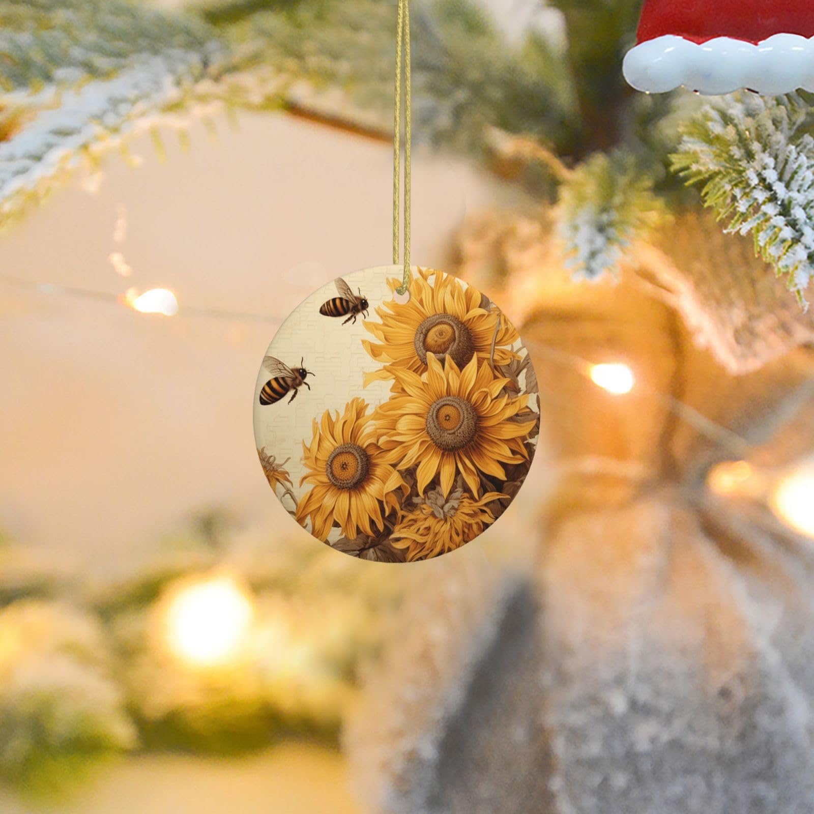 Christmas Tree Ornaments Ceramics Christmas Round Decorations Bees and Sunflowers Ceramics Ornaments Circle Pentagram Xmas Tree Hanging Pendant for Christmas Tree Party Holiday Home Decor