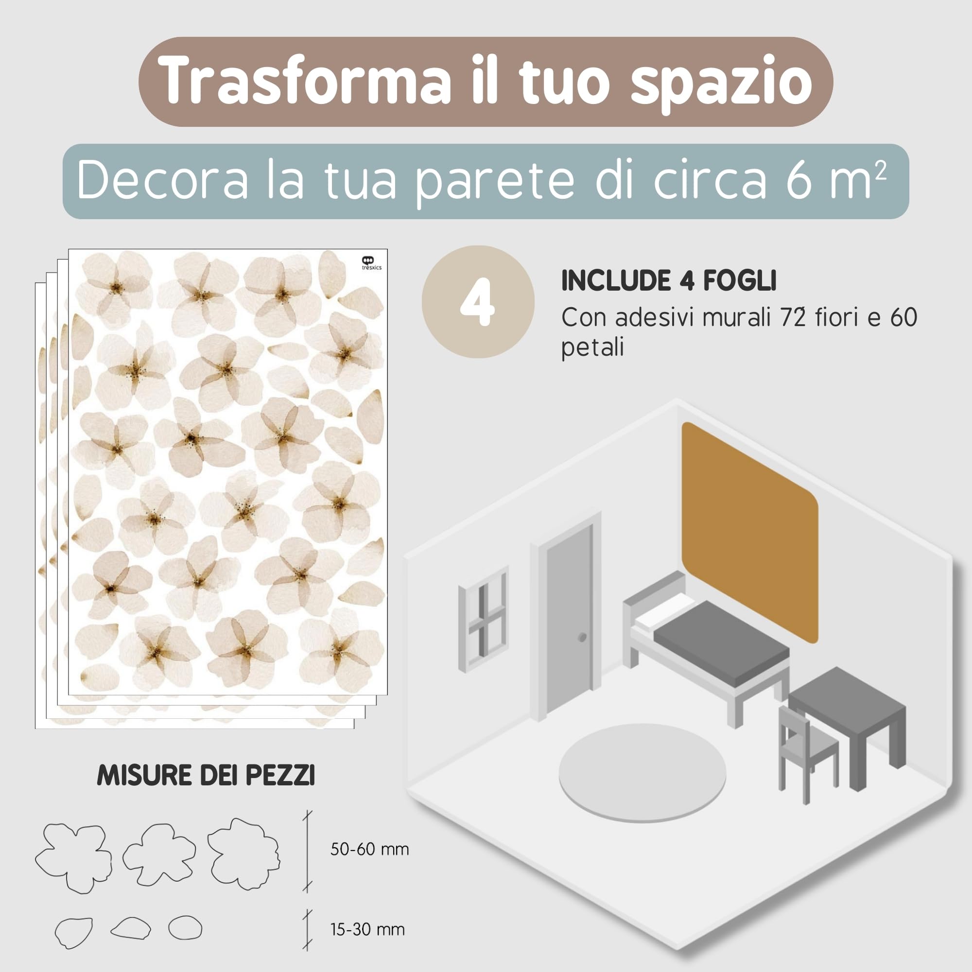 Adesivi Murali Bambini | Adesivi Cameretta Bambino Bimba Fiori Acquerello | Effetto Carta da Parati Adesiva | Copre 6 m² | 72 fiori y 60 petali | TRESXICS (Marrone)