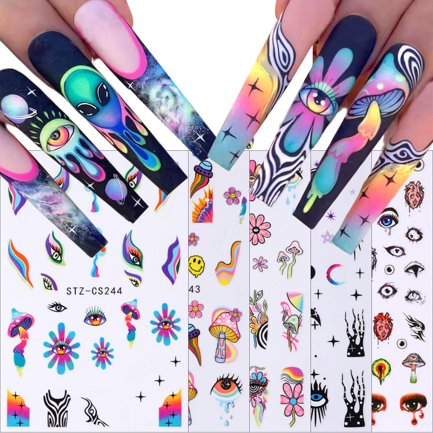 5 Sheets Iridescent Mushroom Nail Art Stickers Rainbow 3D Self-Adhesive Evil Eyes Nail Decals Sun Moon Star Blue Flower Adhesive Sliders Line Nail Designs Acrylic Nail Stickers Decoration Accessories for Women Girls