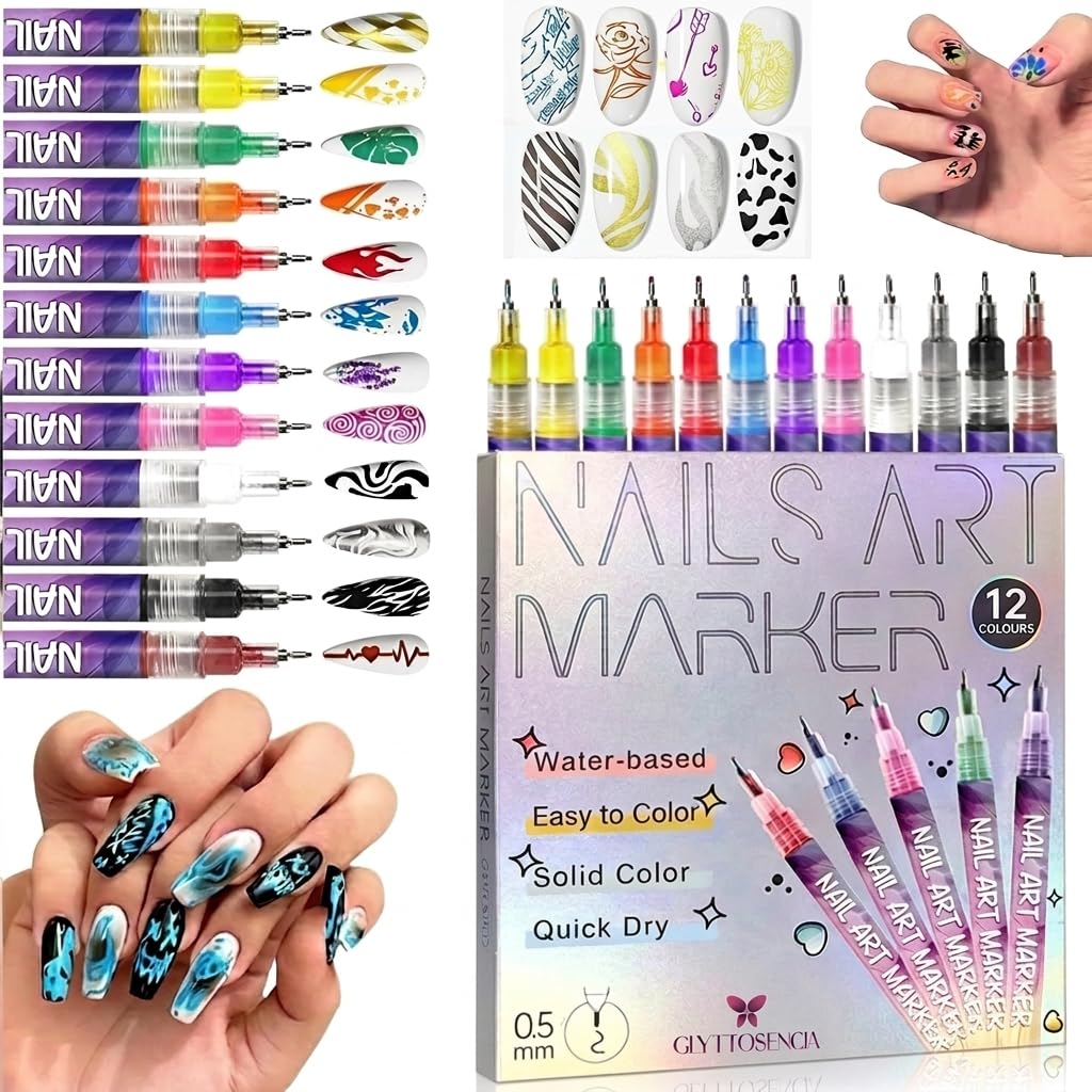 Nail Art Pens – 12 Colors Nail Art Markers Set, 0.5MM 3D Nail Pens for Nail Art, Nail Markers for Nail designing, Nail Art Pens for Painting Nails for kids & Adults
