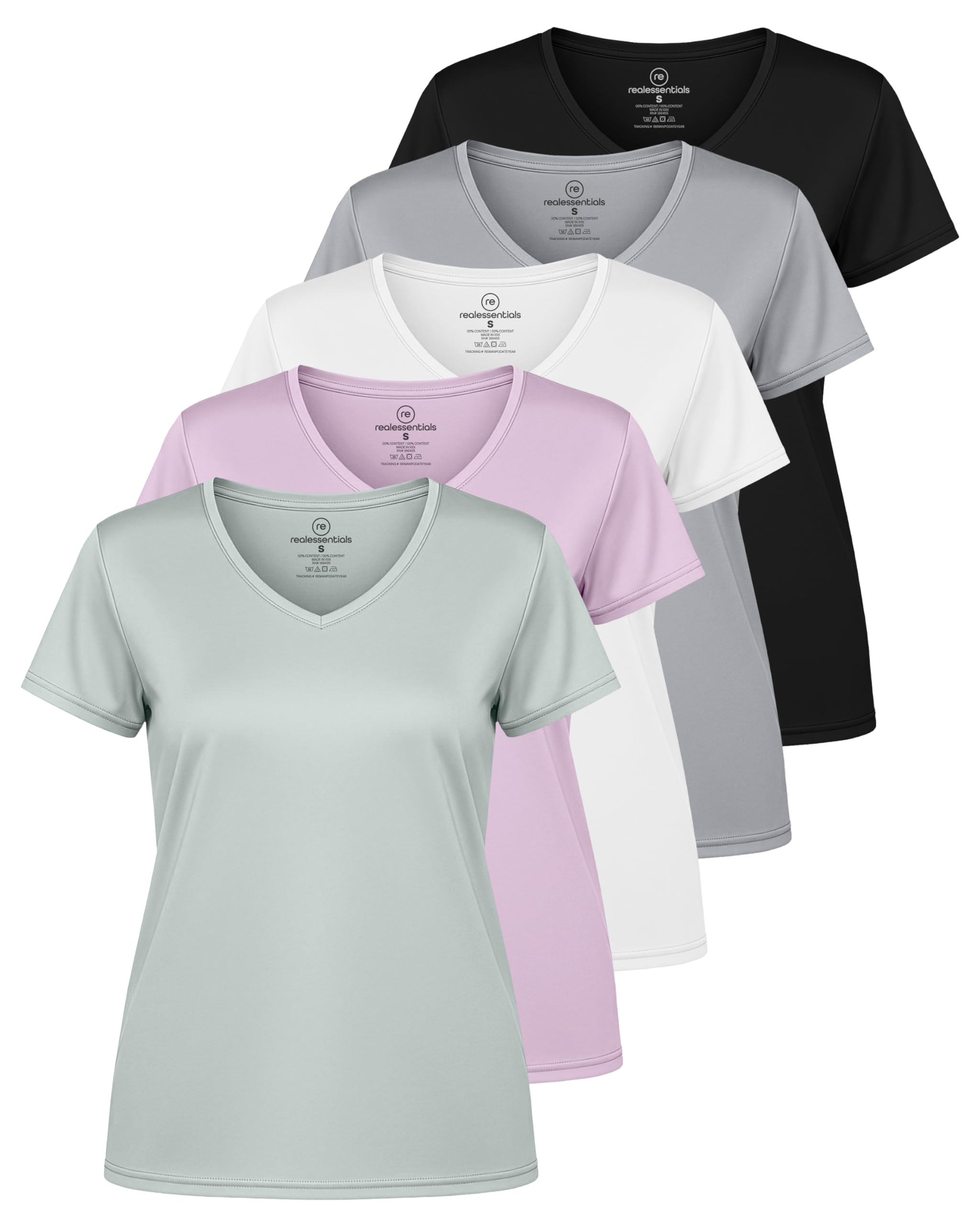 Real Essentials 5 Pack: Women's Dry-Fit Short Sleeve V Neck T Shirt Workout Fitness Yoga Top Tee, Set 9, L
