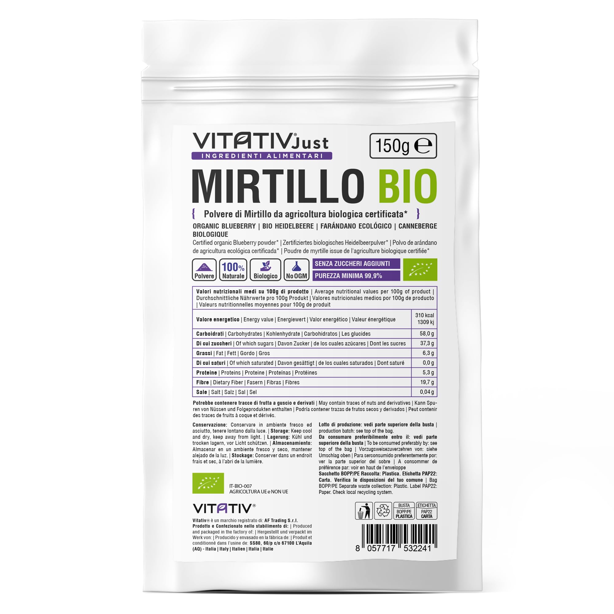 Polvere di Mirtillo Bio, Senza Zuccheri Aggiunti, da Agricoltura Biologica Certificata